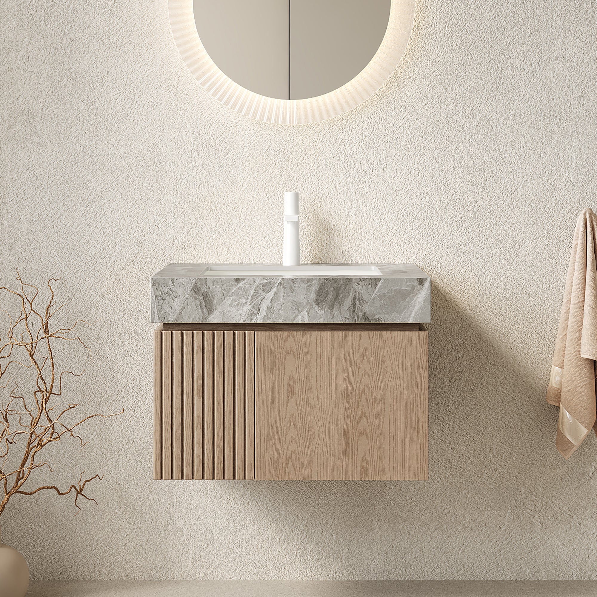 [variant:W6063S00044] Wall-Mounted Bathroom Vanity with Sintered Stone Top – 24-Inch, 1-Hole – Light Brown,Light Gray image 1