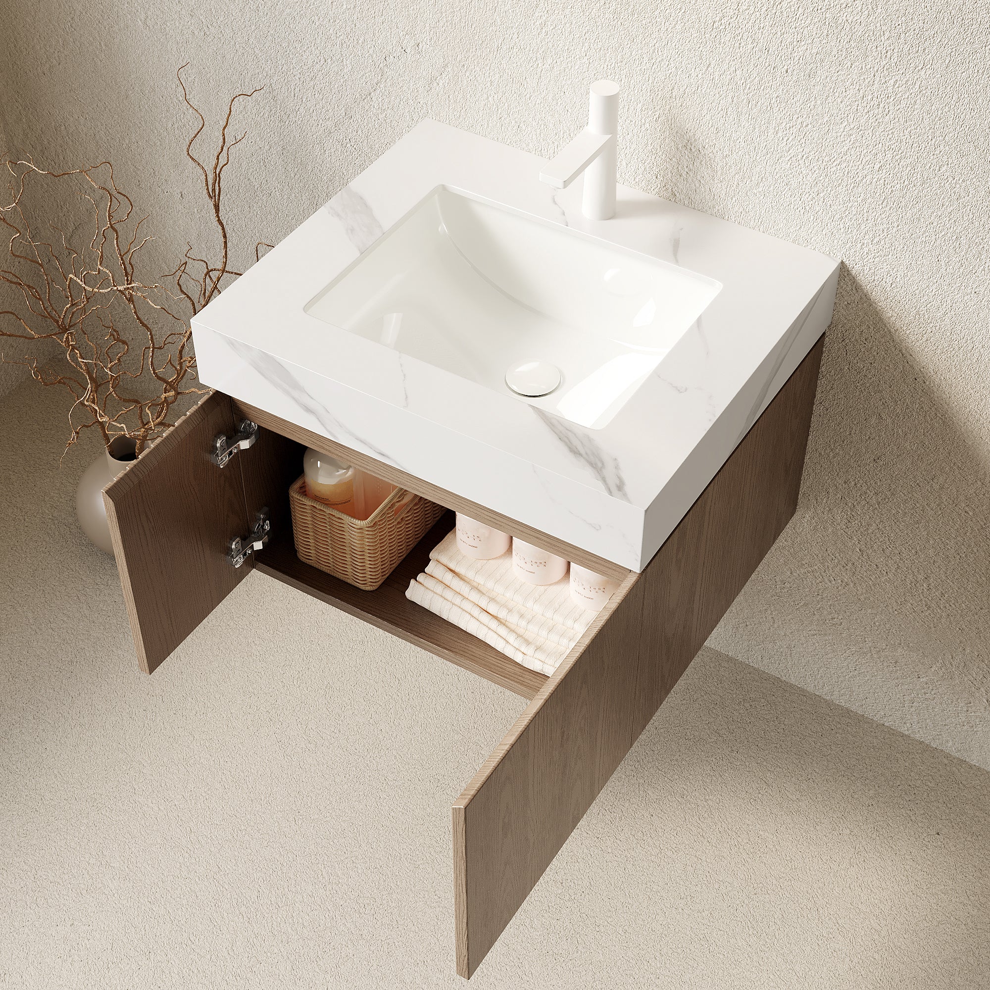 Wall-Mounted Bathroom Vanity with Sintered Stone Top – 24-Inch, 1-Hole — [variant:W6063S00052] Light Brown,White image 2