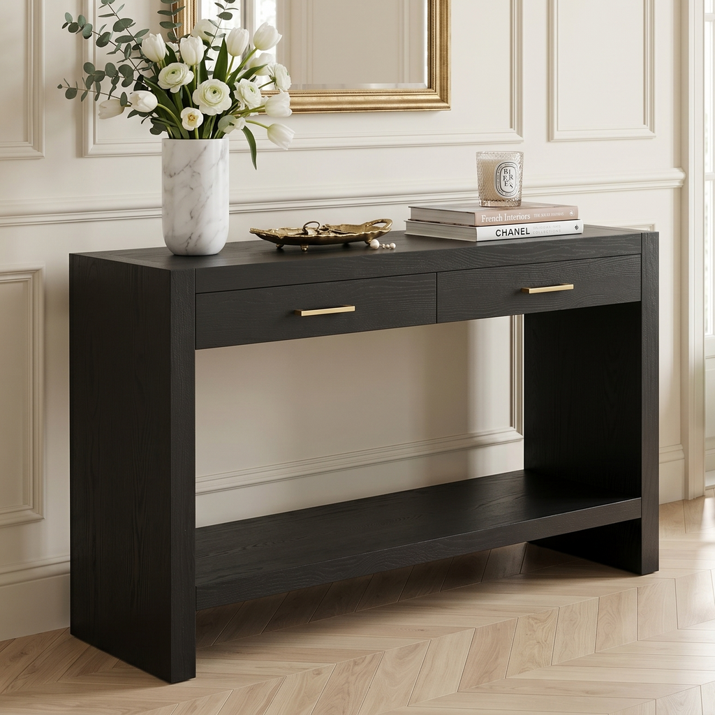 Farmhouse Console Table with Drawers & Storage Shelf — [variant:N876P351923B] Black image 4