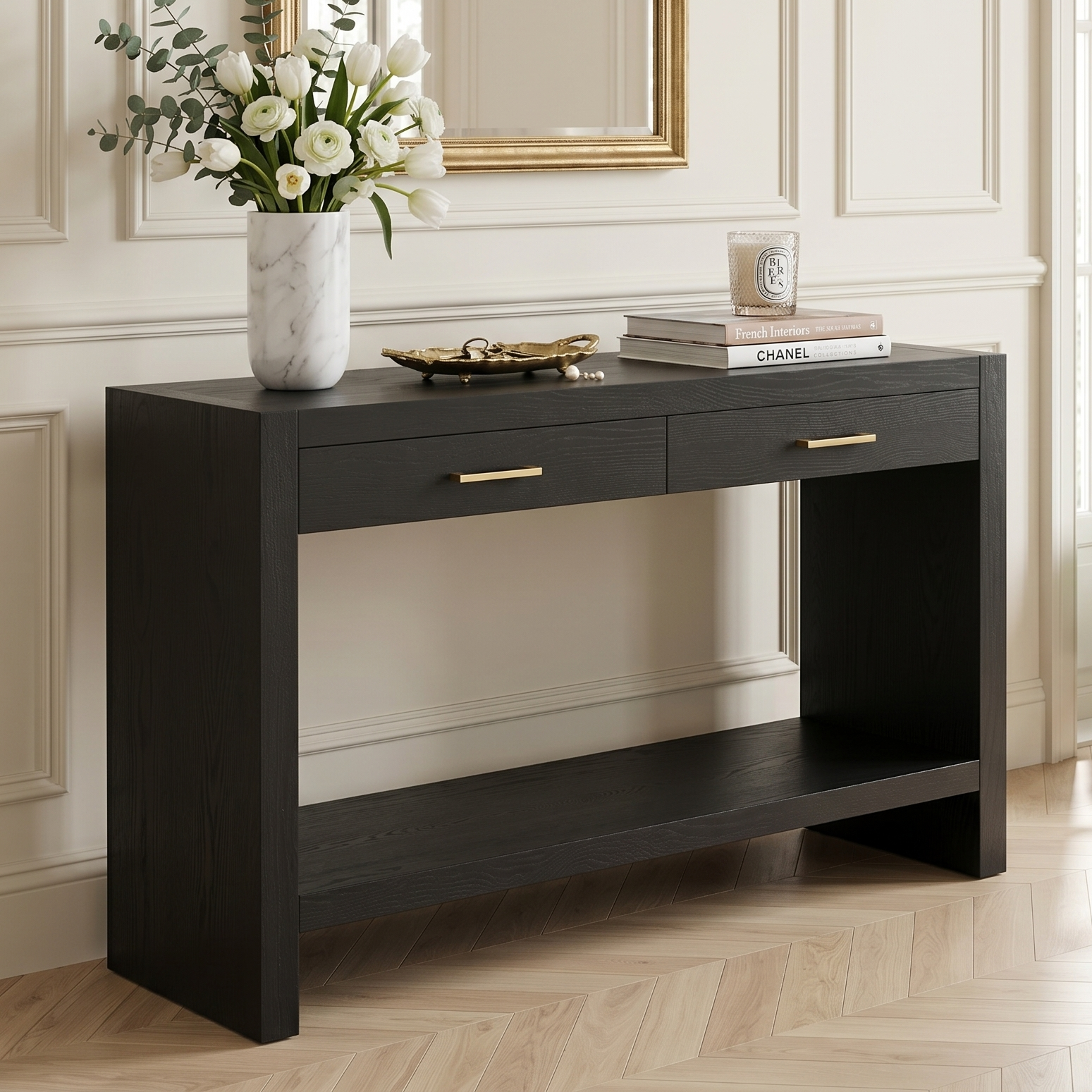 Farmhouse Console Table with Drawers & Storage Shelf — [variant:N876P351923B] Black image 4