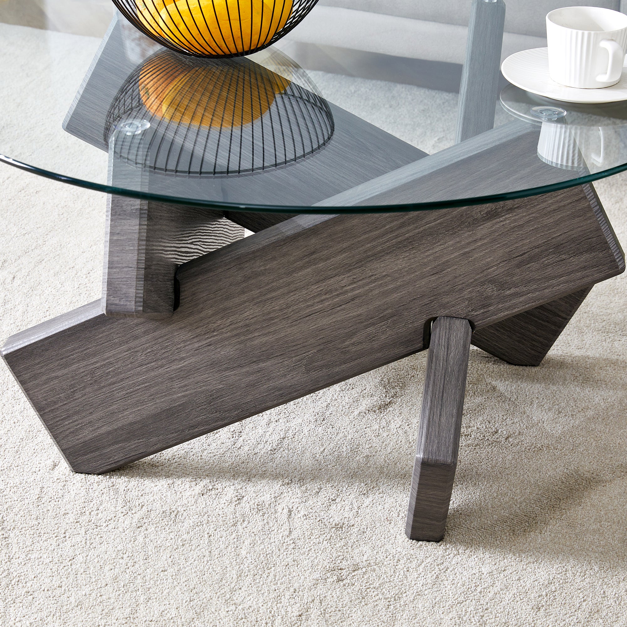 [variant:W3806P404748] Round Glass Coffee Table with Gray Patterned Base – 33.4-Inch image 6