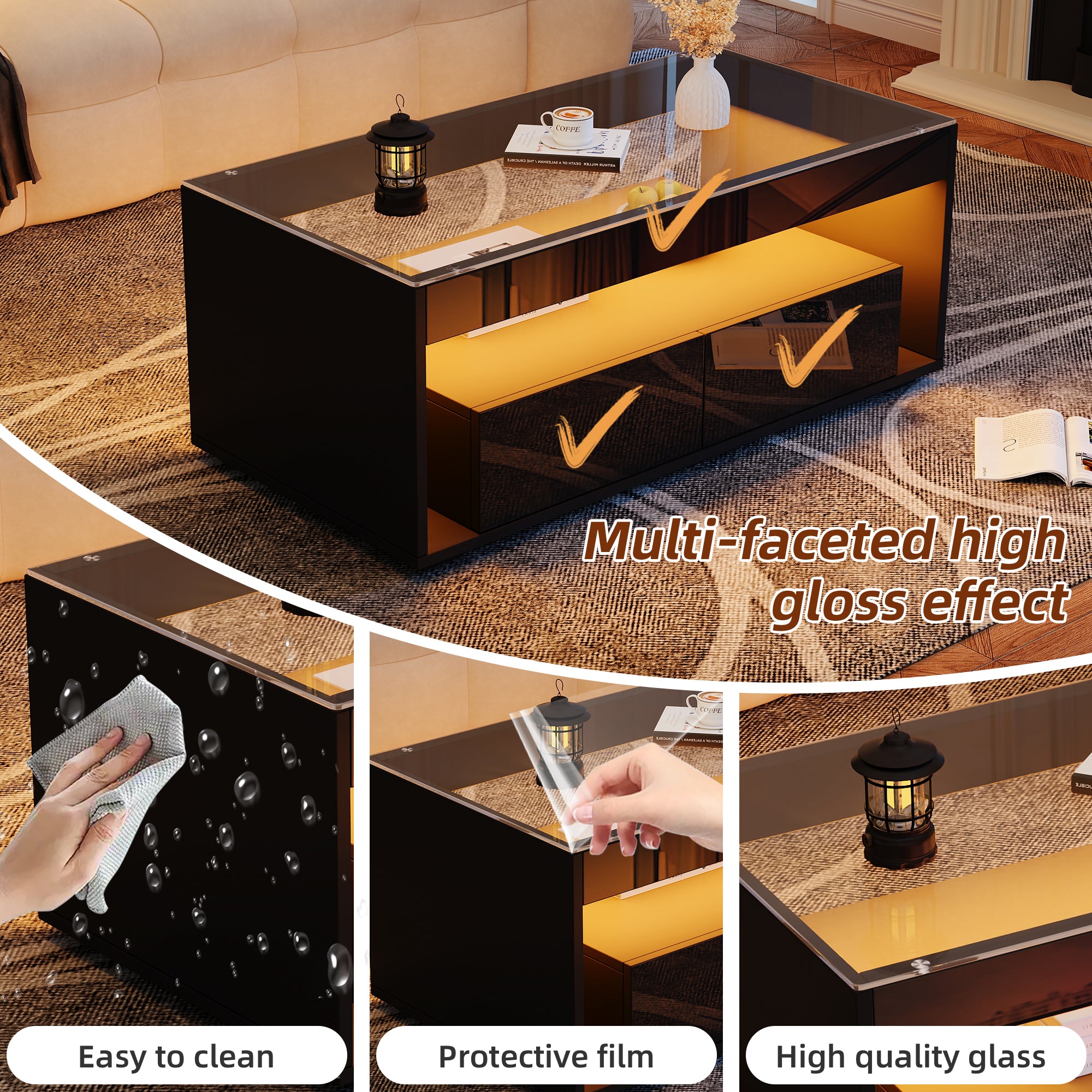 [variant:N892P428787B] High-Gloss LED Coffee Table with Glass Top and Drawers image 37