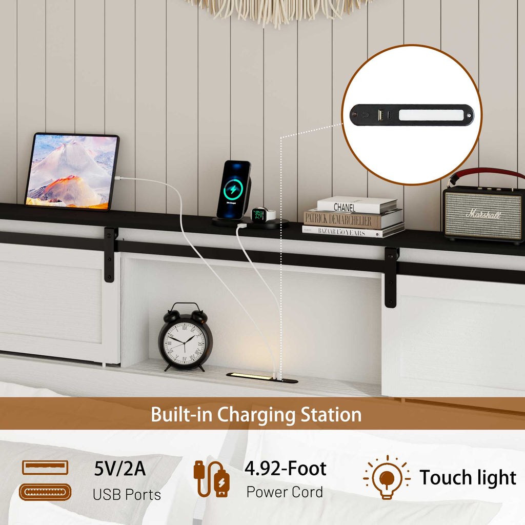 [variant:W5658P486955] Queen Farmhouse Platform Bed with Bookcase Headboard & Charging Station image 11