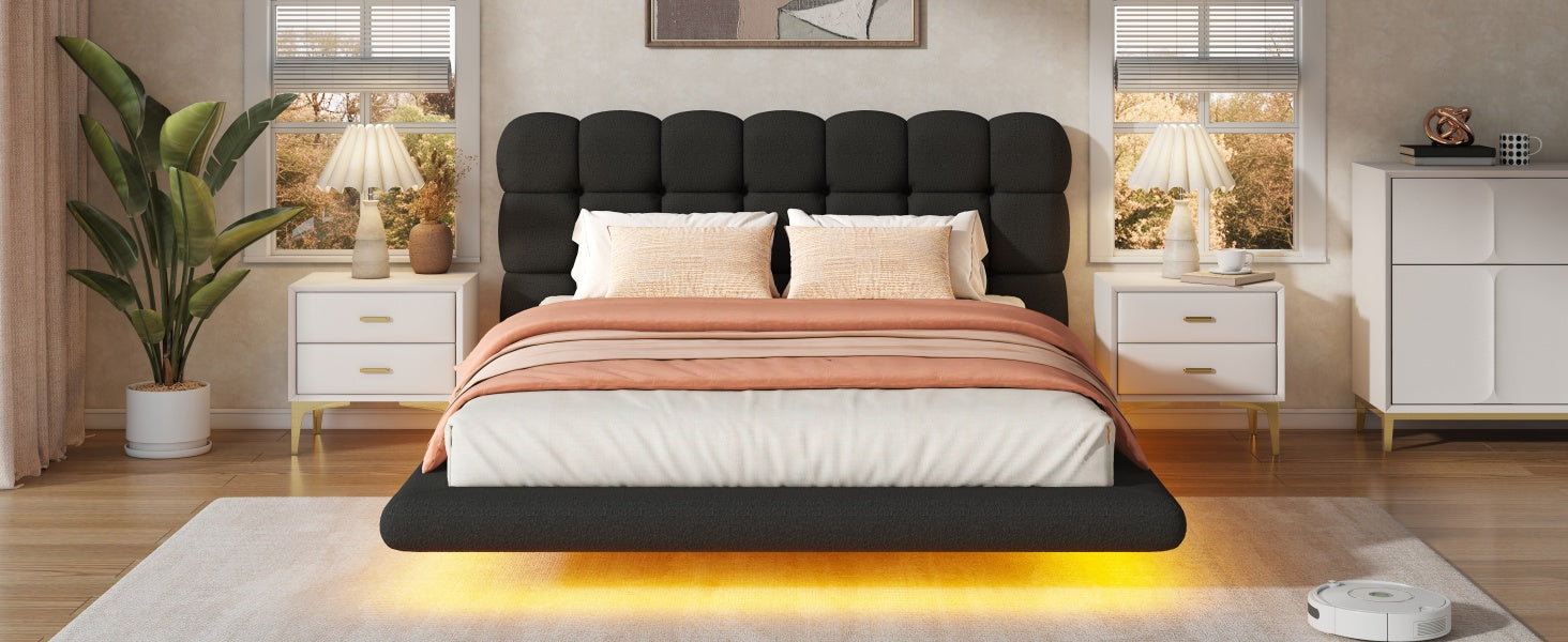 [variant:HS451577AAB] Queen LED Floating Bouclé Platform Bed – Black image 25