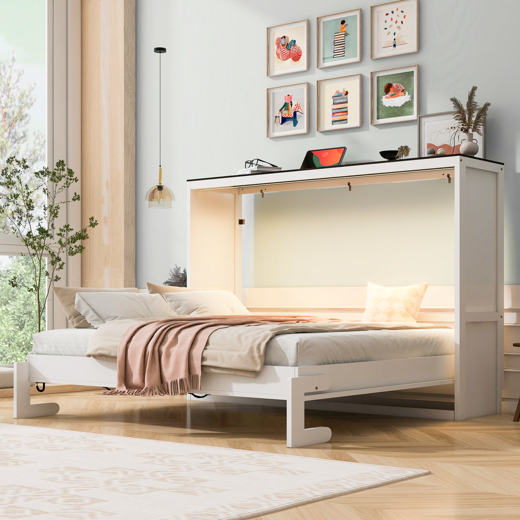 [variant:N8470004035K-1] Queen LED Murphy Bed Cabinet – White and Brown image 4