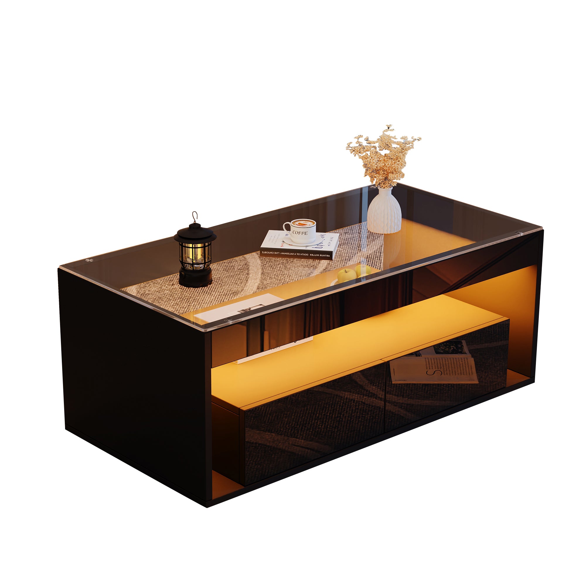 [variant:N892P428787B] High-Gloss LED Coffee Table with Glass Top and Drawers image 38