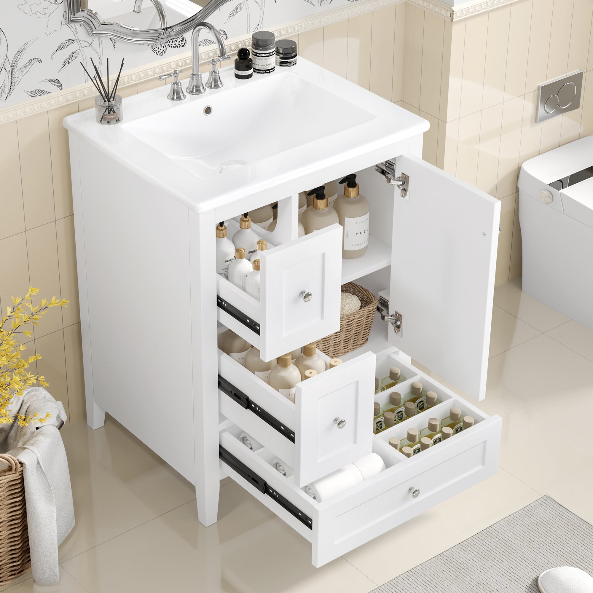 [variant:N725P280602K] Bathroom Vanity with Ceramic Sink & Drawer Dividers – 24-Inch – White image 1