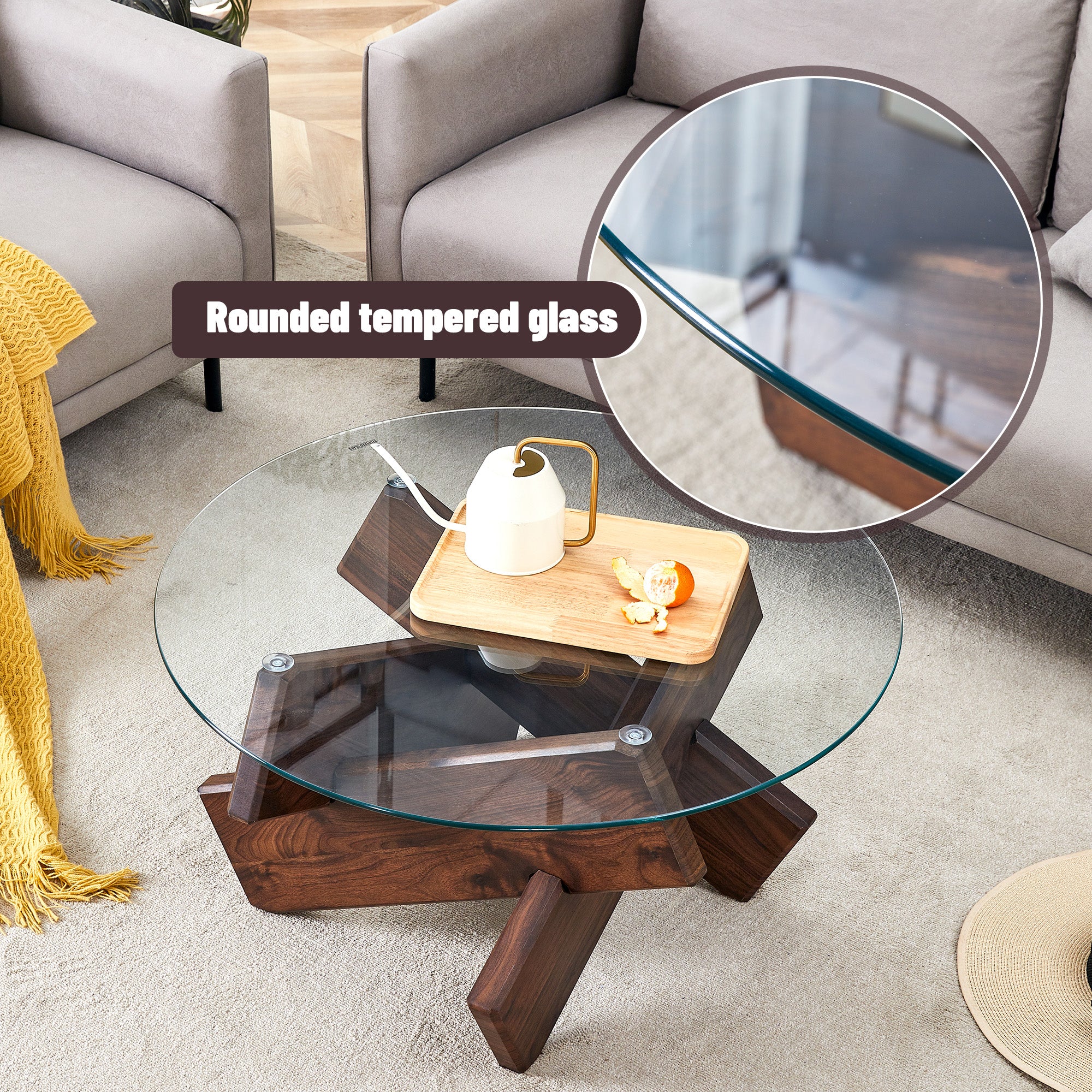 [variant:W3806P404749] Round Glass Coffee Table with Walnut-Finish Base – 33.4-Inch image 3