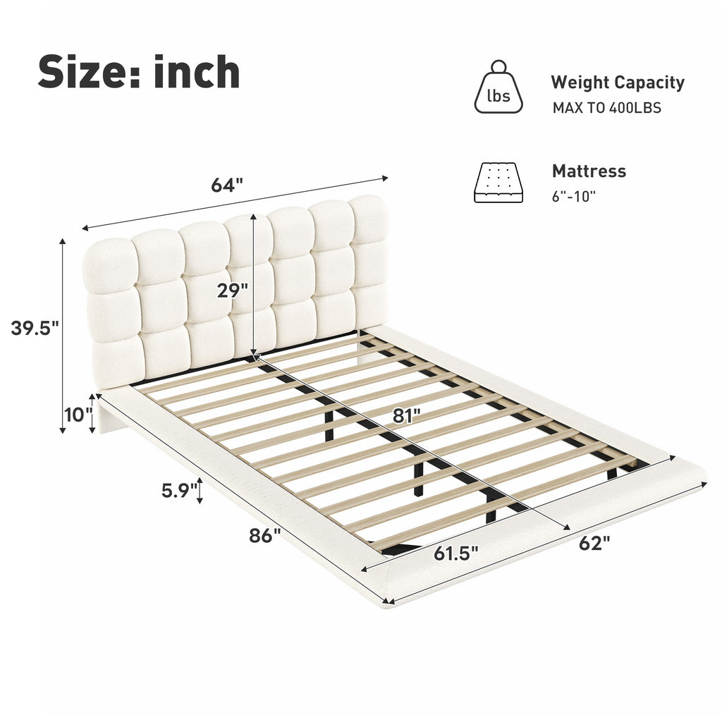 [variant:HS451577AAK] Queen LED Floating Bouclé Platform Bed – Cream White image 5
