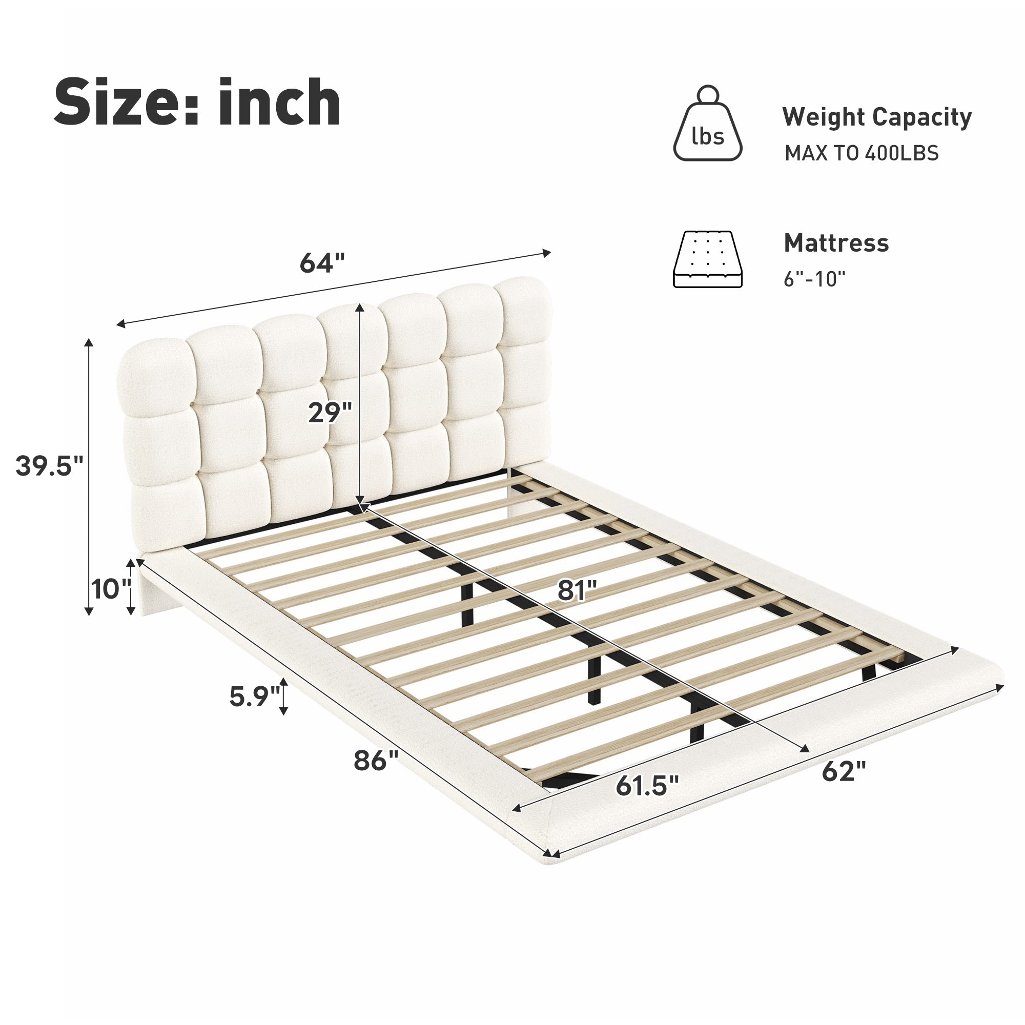 [variant:HS451577AAK] Queen LED Floating Bouclé Platform Bed – Cream White image 5