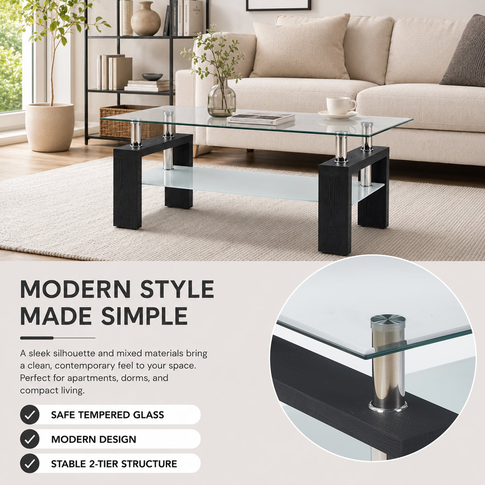 Modern Tempered Glass Coffee Table – Natural or Black — [variant:W3738P499161] Black image 7