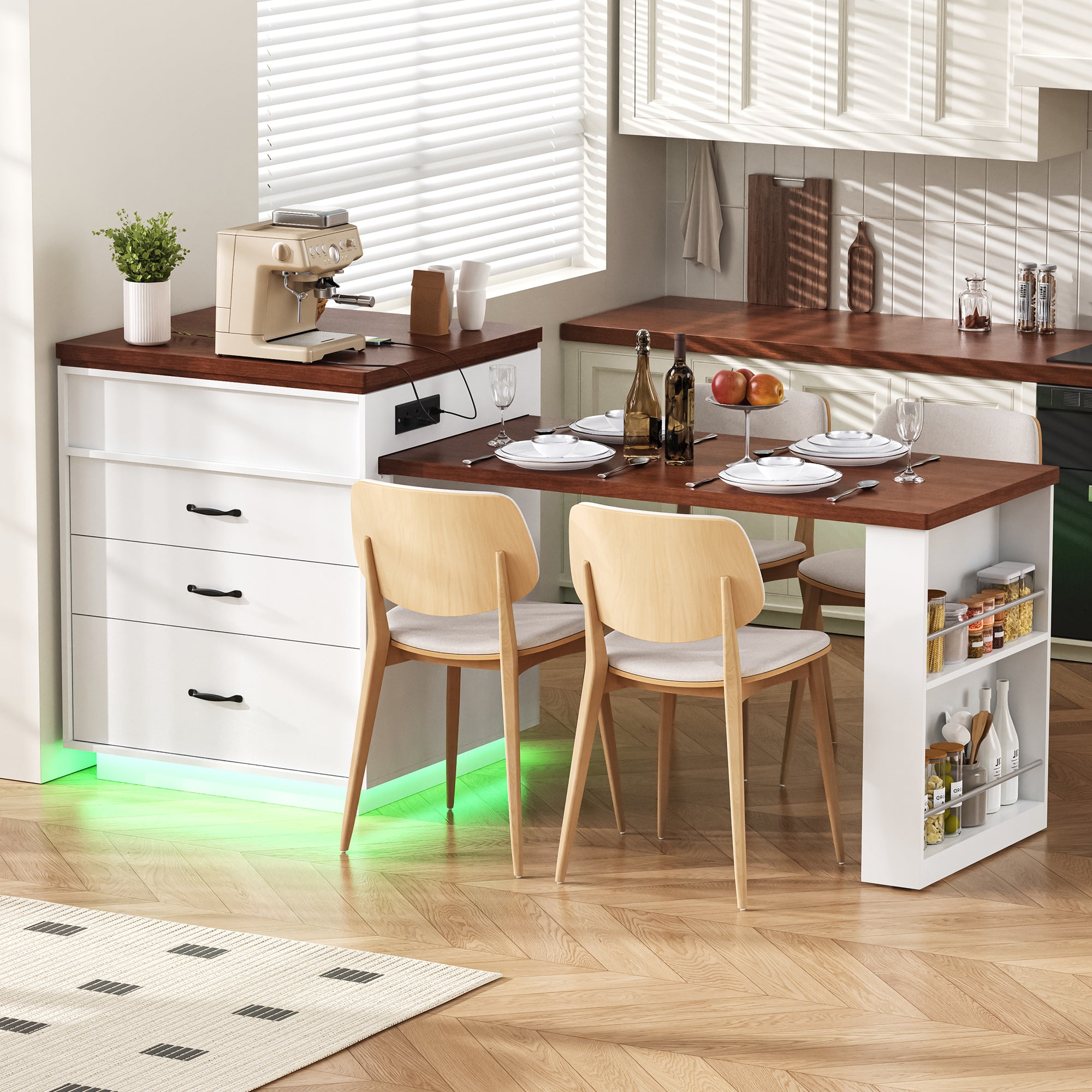 [variant:XW000036AAD-CA] Rolling Kitchen Island with LED Extendable Table – Creamy White,Walnut image 1