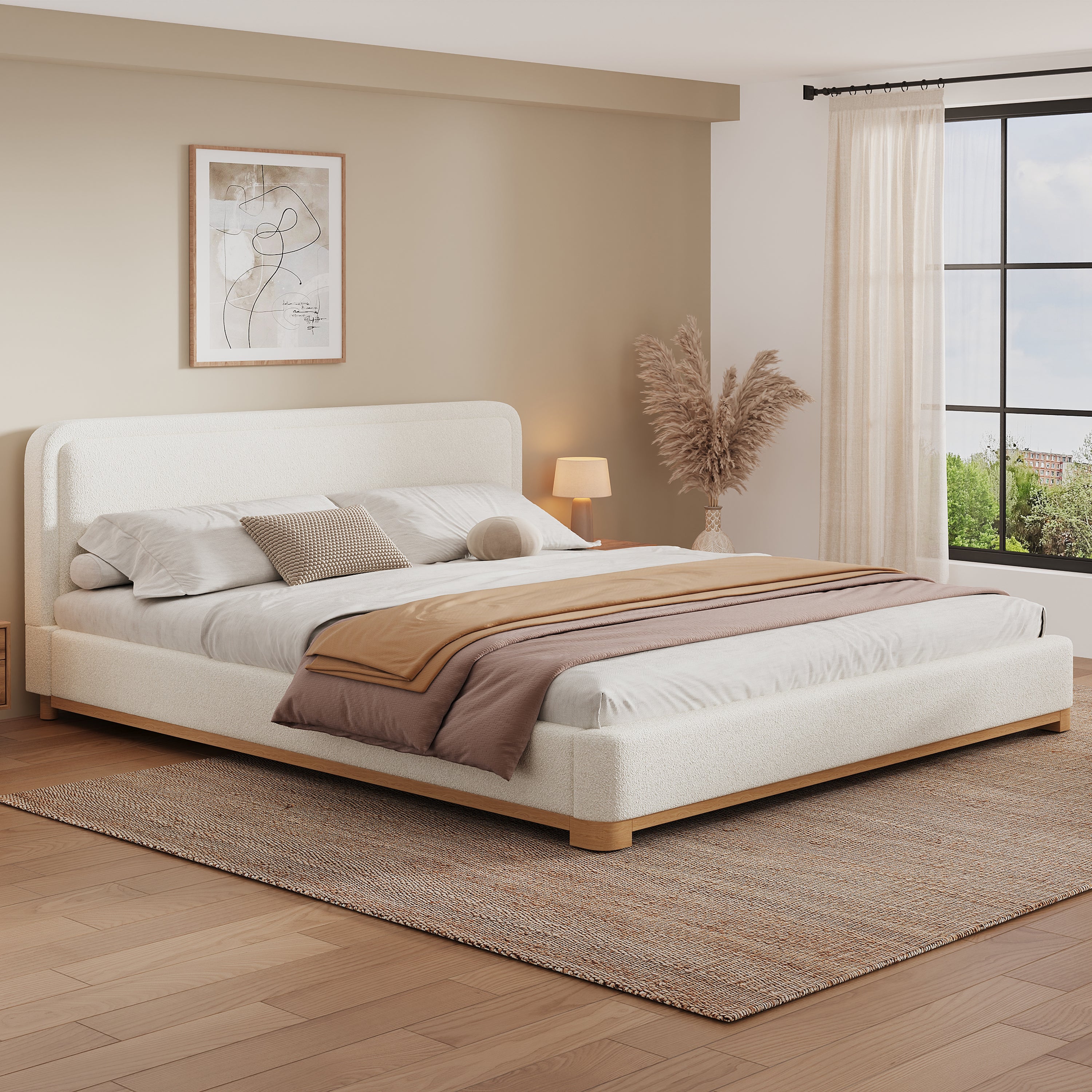[variant:N859K000012W] King Bouclé Platform Bed with Curved Headboard – White image 1
