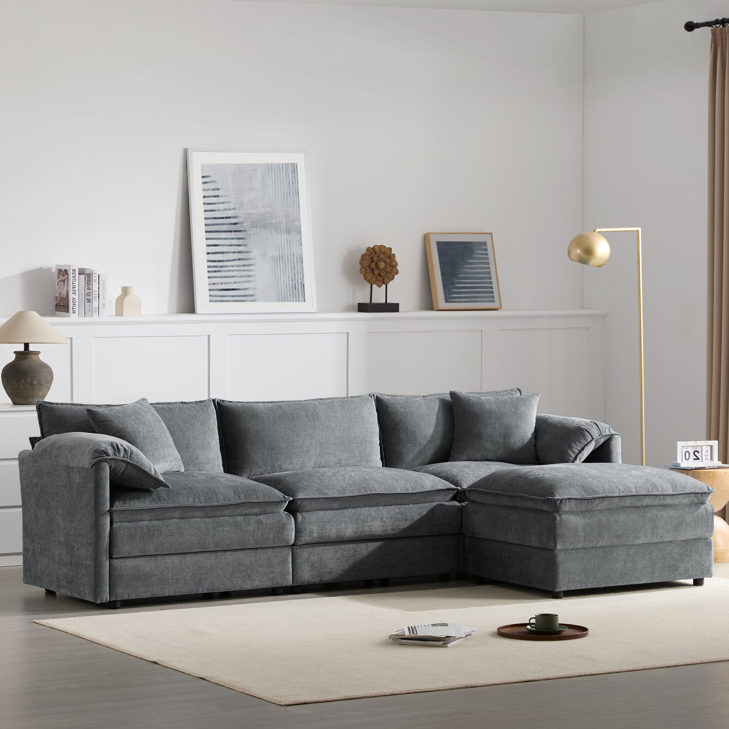 [variant:N851S8687B] 103-Inch Chenille L-Shaped Sectional Sofa with Ottoman image 1