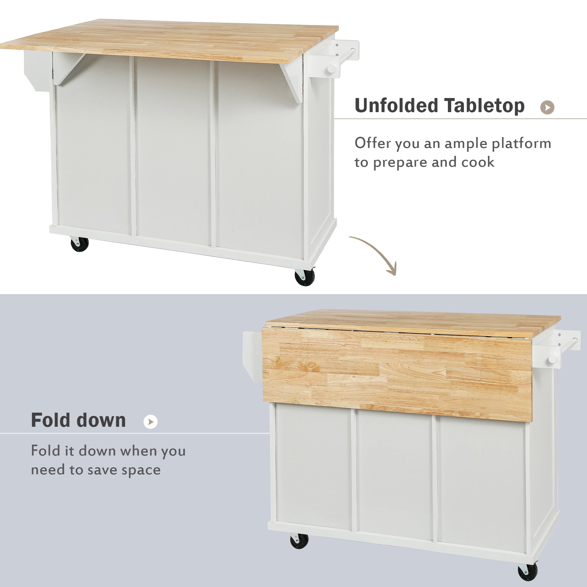 [variant:N853P383632W] Drop-Leaf Rolling Kitchen Cart – White, 53.1-Inch image 5