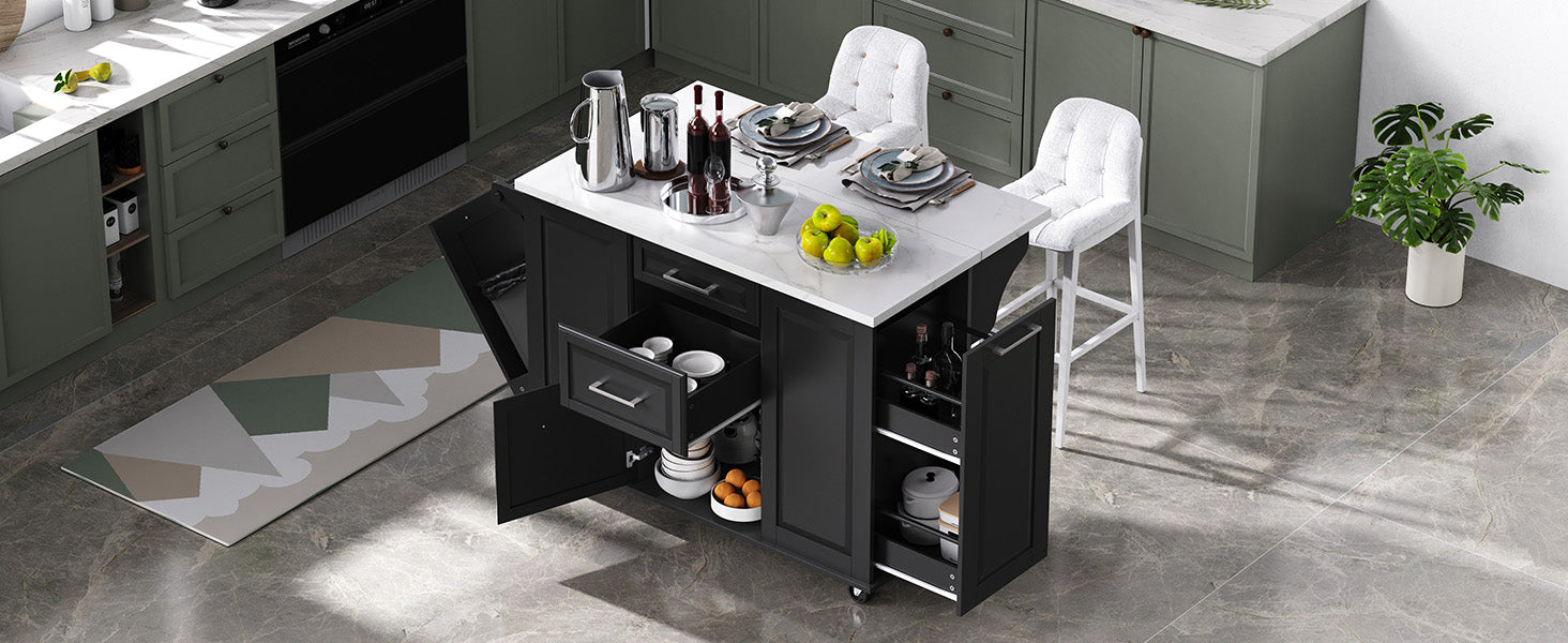 [variant:N853P390045B] Rolling Kitchen Island with Tilt-Out Trash Cabinet – Black, 50.7-Inch image 3