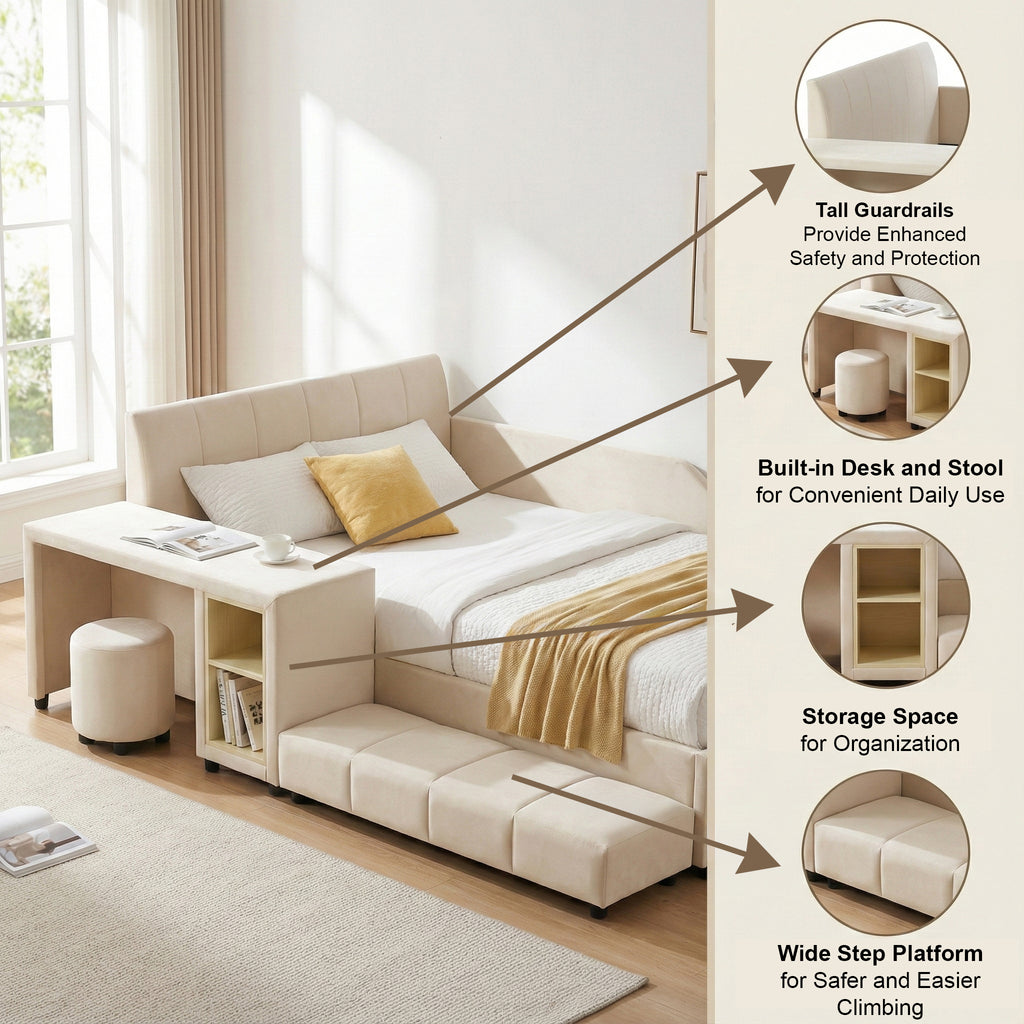 [variant:N850S00111A-1] Full Upholstered Floor Bed with Desk and Stool image 6
