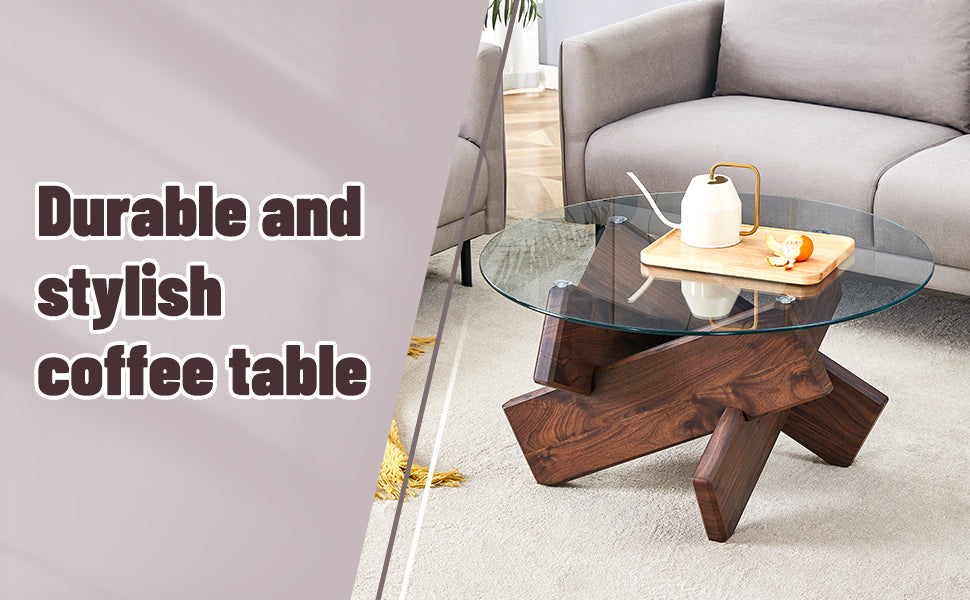 [variant:W3806P404749] Round Glass Coffee Table with Walnut-Finish Base – 33.4-Inch image 14