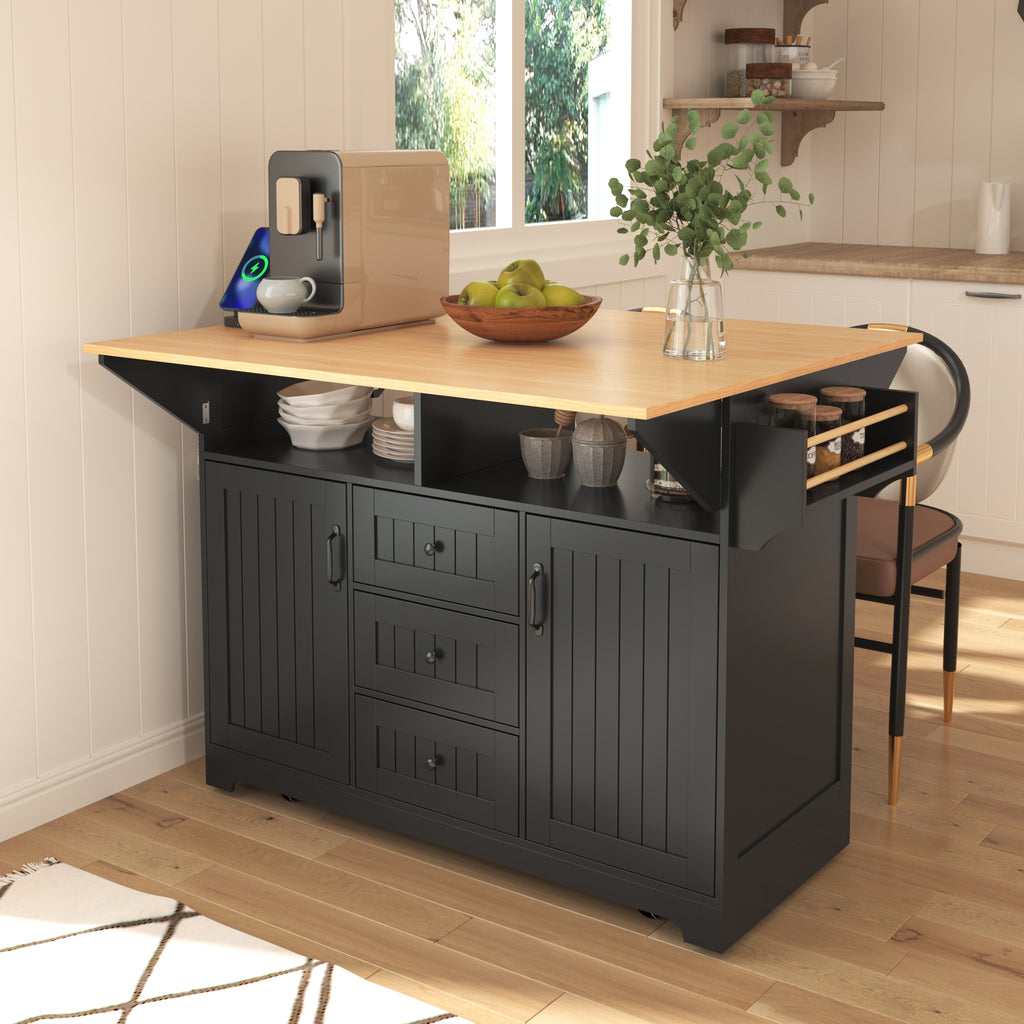 [variant:N853S000006B] Dual-Drop-Leaf Rolling Kitchen Island – Black, 55.75-Inch image 1