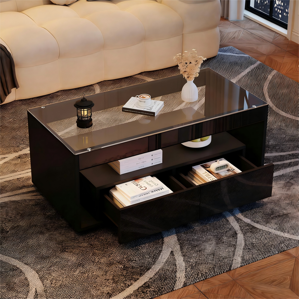 [variant:N892P428787B] High-Gloss LED Coffee Table with Glass Top and Drawers image 45