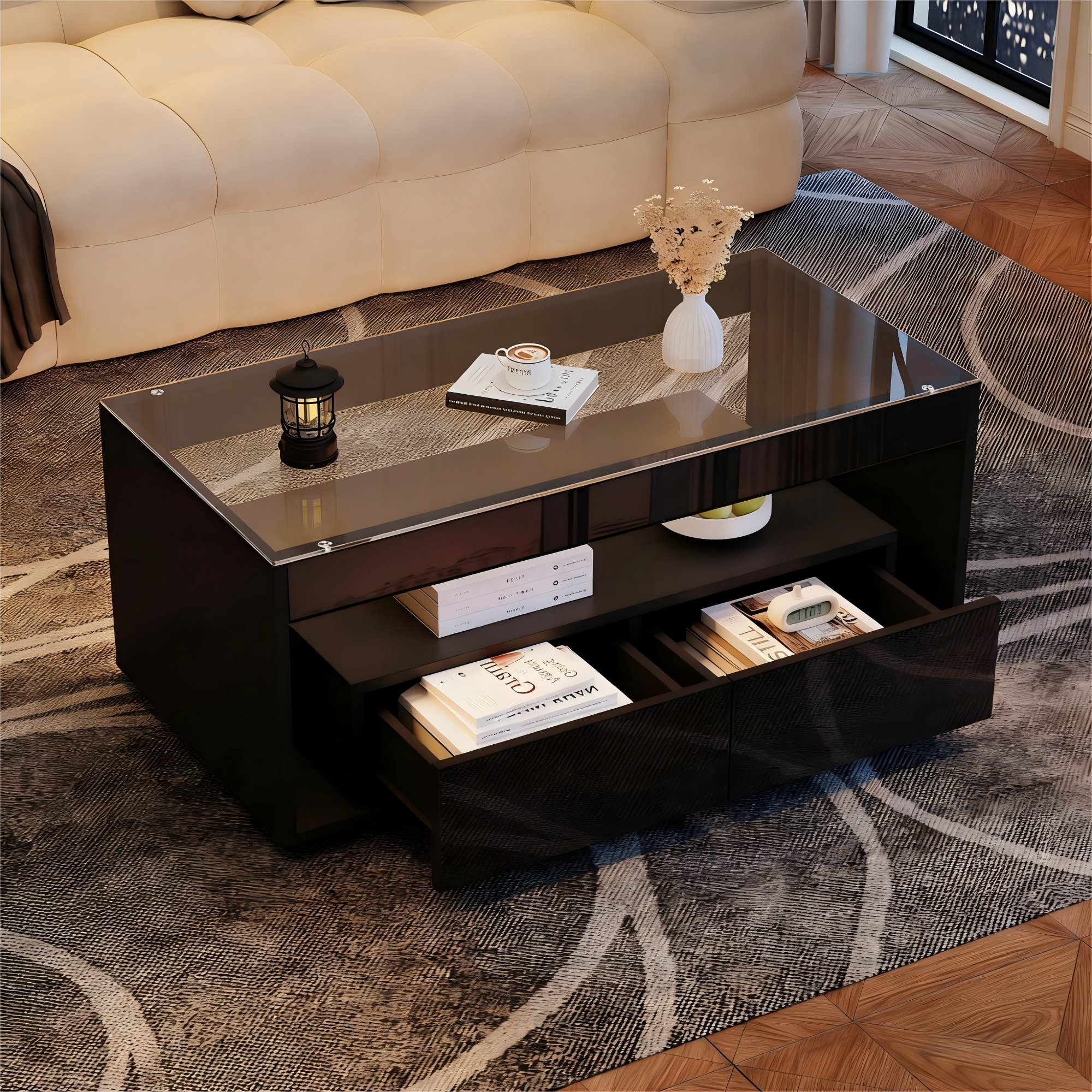 [variant:N892P428787B] High-Gloss LED Coffee Table with Glass Top and Drawers image 45