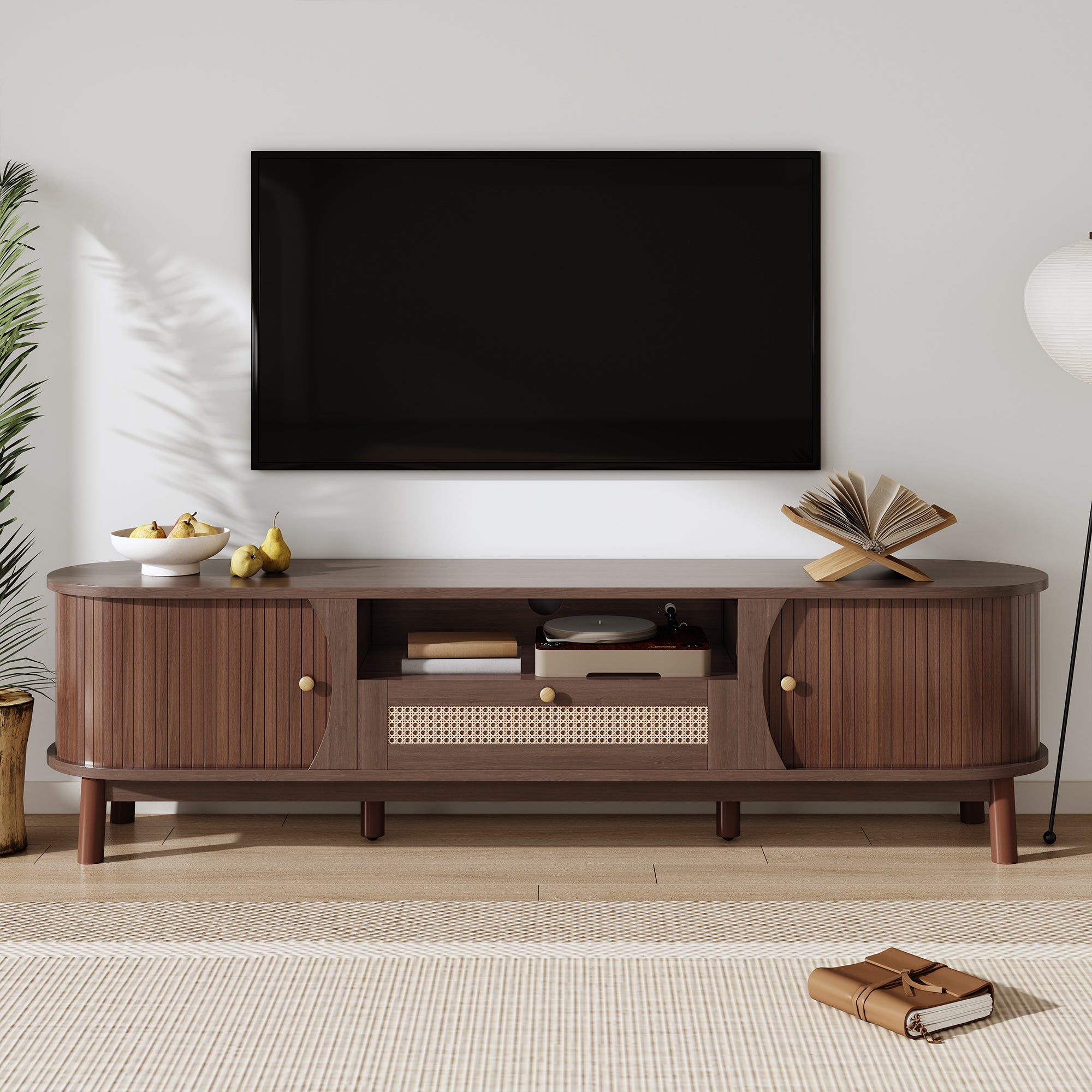 [variant:N875P278398N] Rattan TV Stand with Sliding Door – 65-Inch image 1
