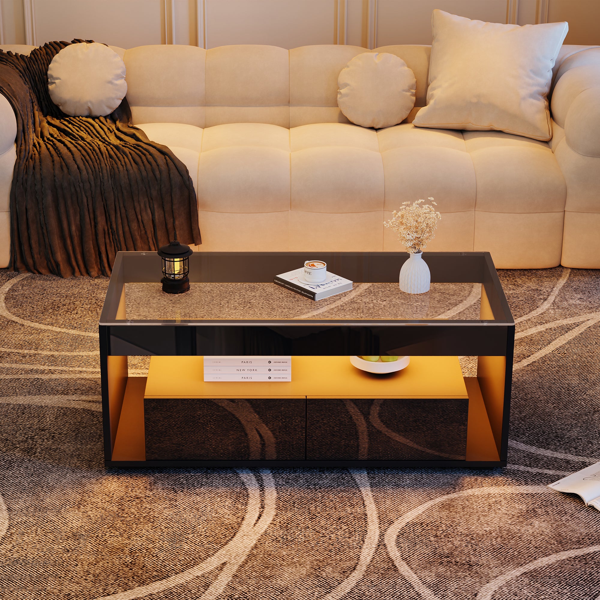 [variant:N892P428787B] High-Gloss LED Coffee Table with Glass Top and Drawers image 31
