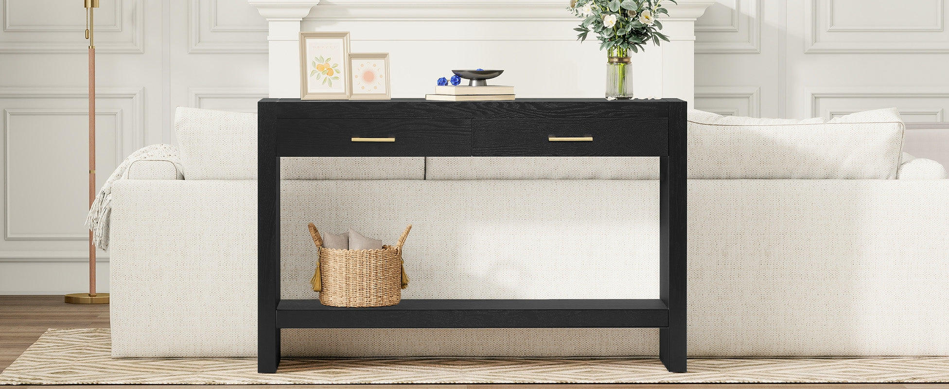 Farmhouse Console Table with Drawers & Storage Shelf — [variant:N876P351923B] Black image 14