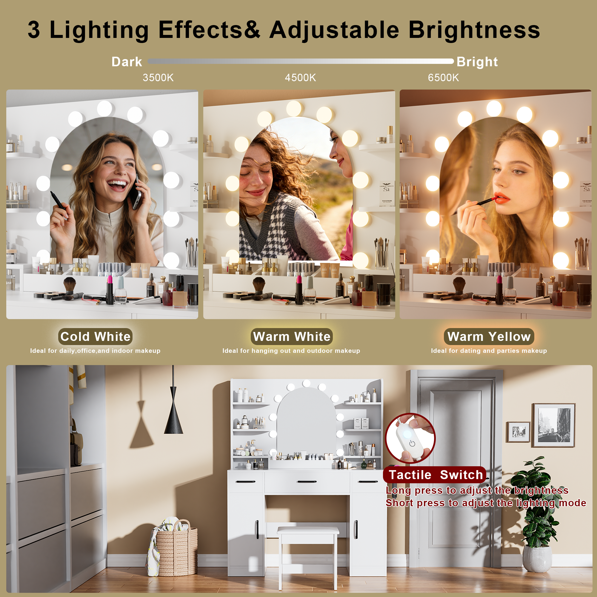 [variant:N881S436327W] Lighted Vanity Desk with Mirror, 3 Drawers and Shelves image 3