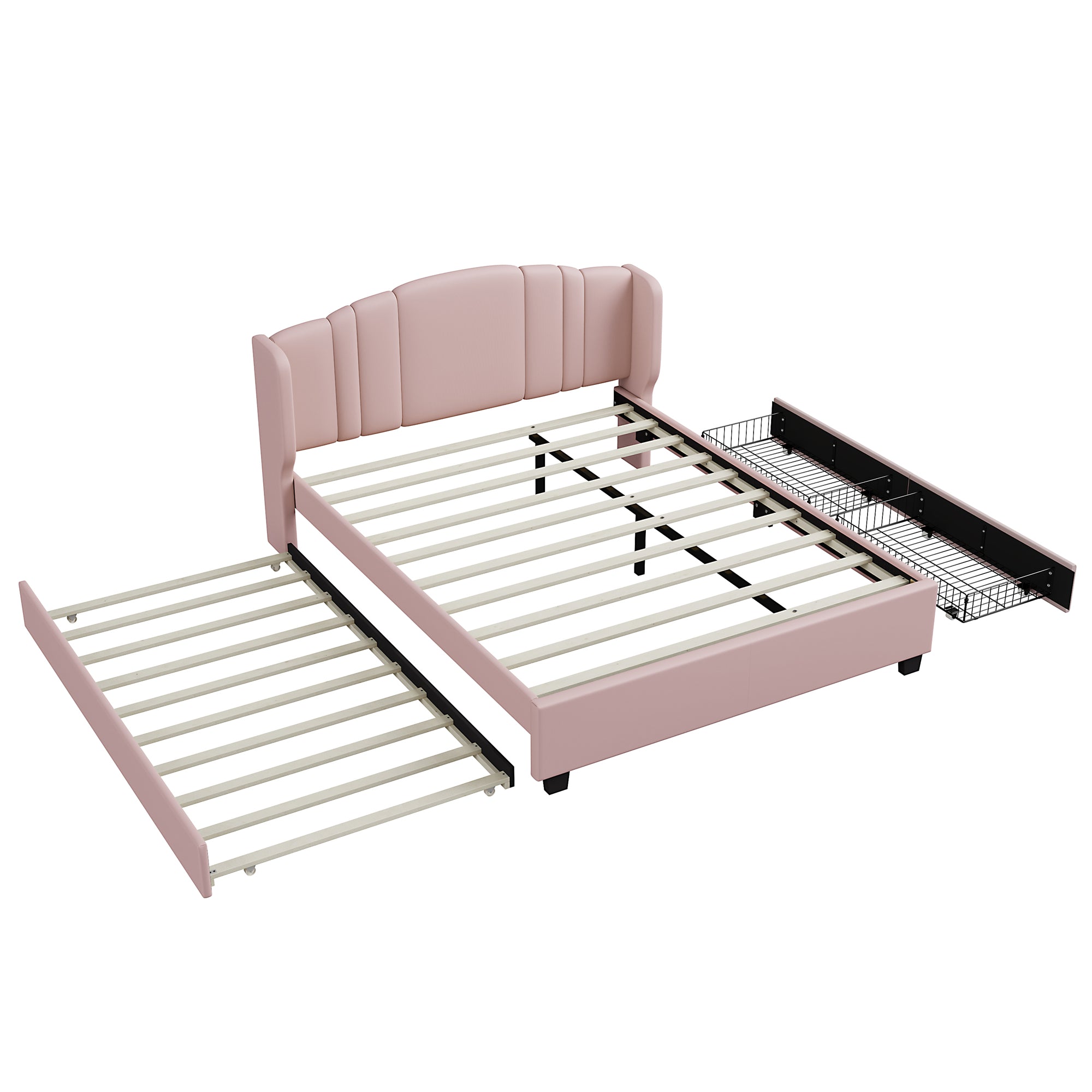 Queen Upholstered Wingback Bed with Twin Trundle & 2 Drawers — [variant:N854S427452H] Pink image 6