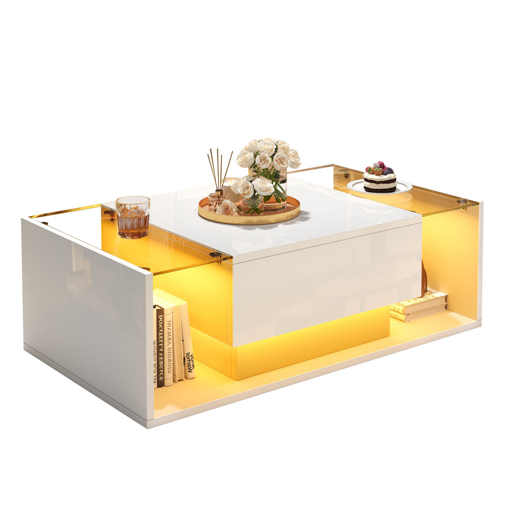 [variant:N892P423295W] High-Gloss LED Coffee Table with Drawer and Glass Top image 12