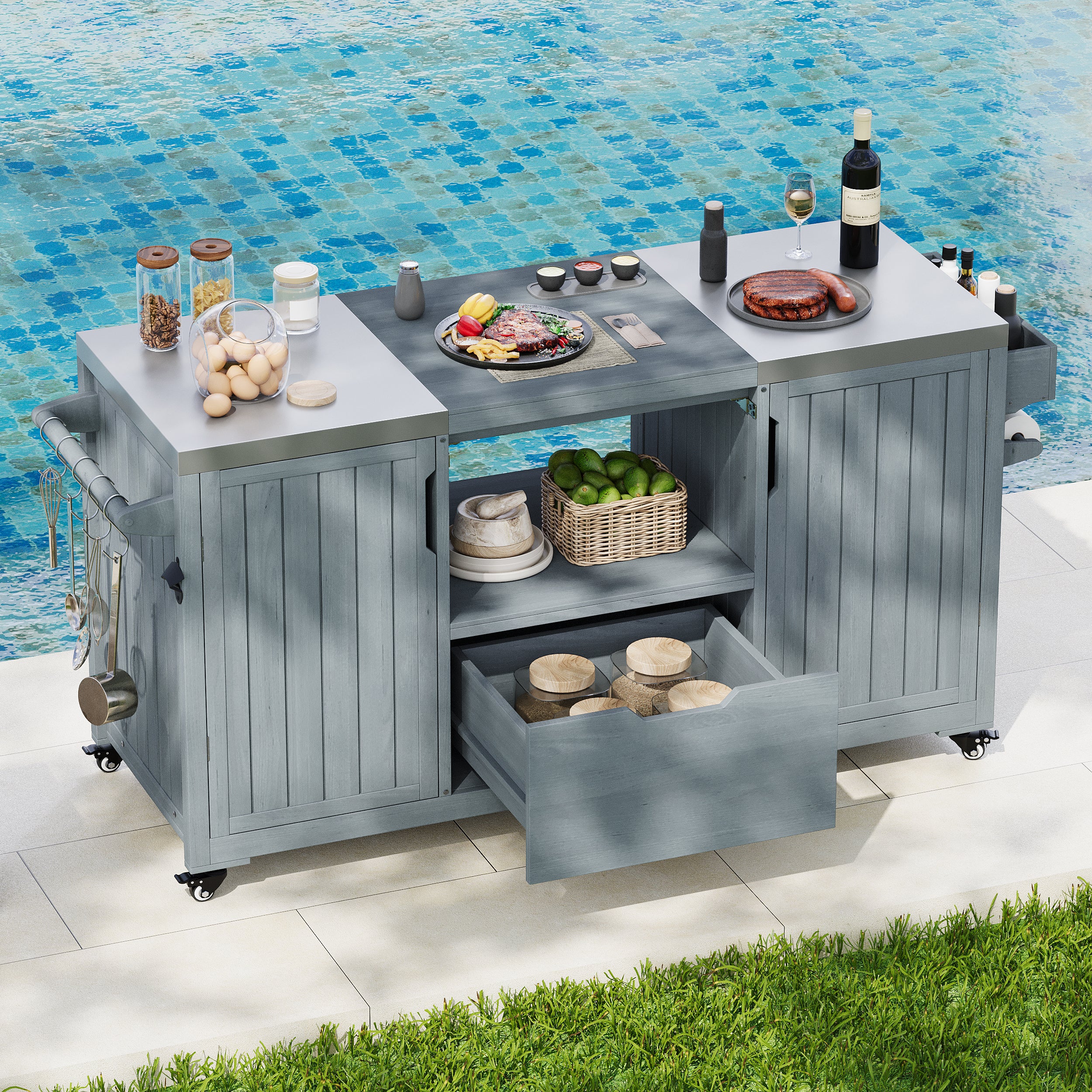 [variant:N853P386132G] Outdoor Grill Cart for 21–22-Inch Kamado Grills – Gray and Blue, 66.5-Inch image 26