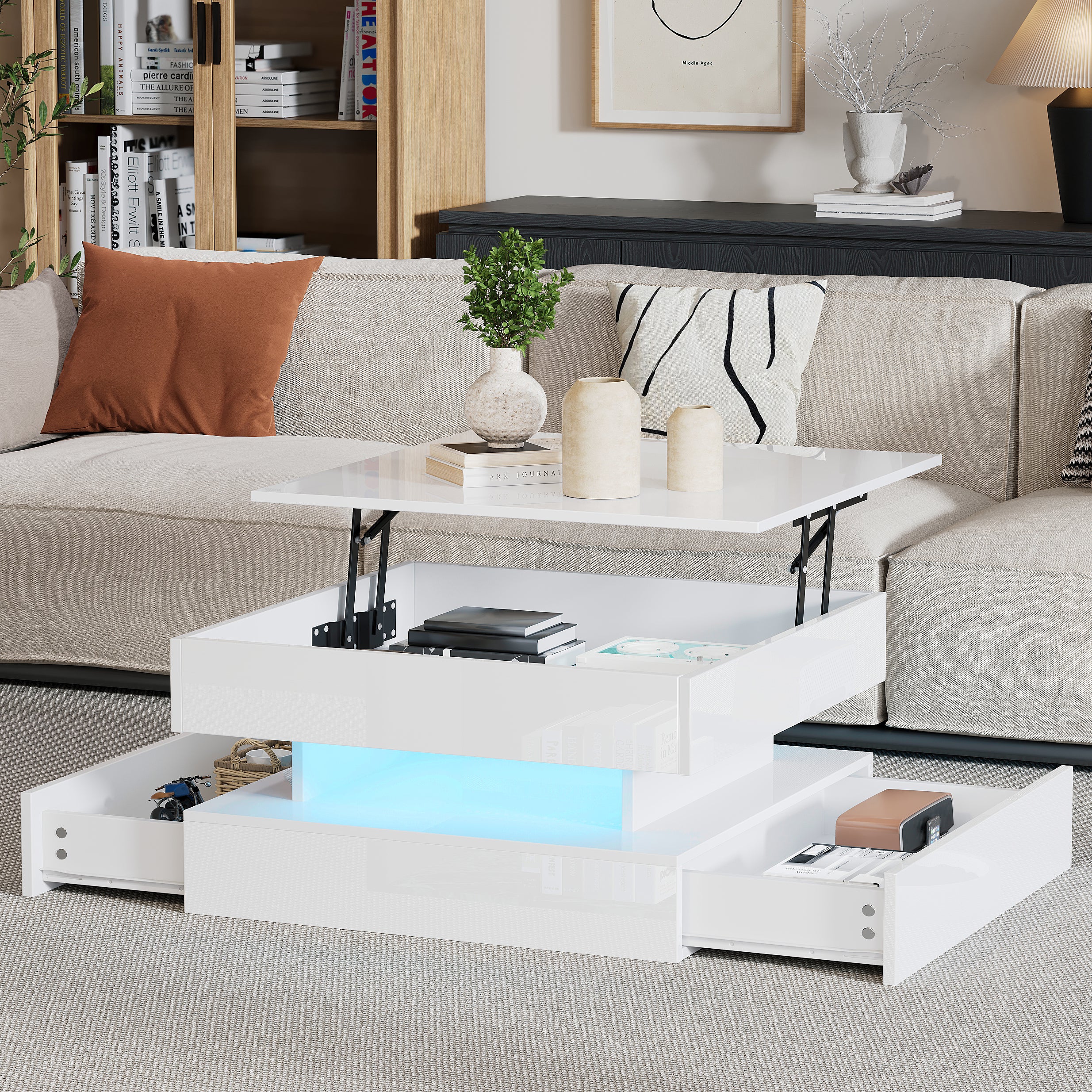 [variant:N892P407973W] White Lift-Top LED Coffee Table with 2 Drawers image 23
