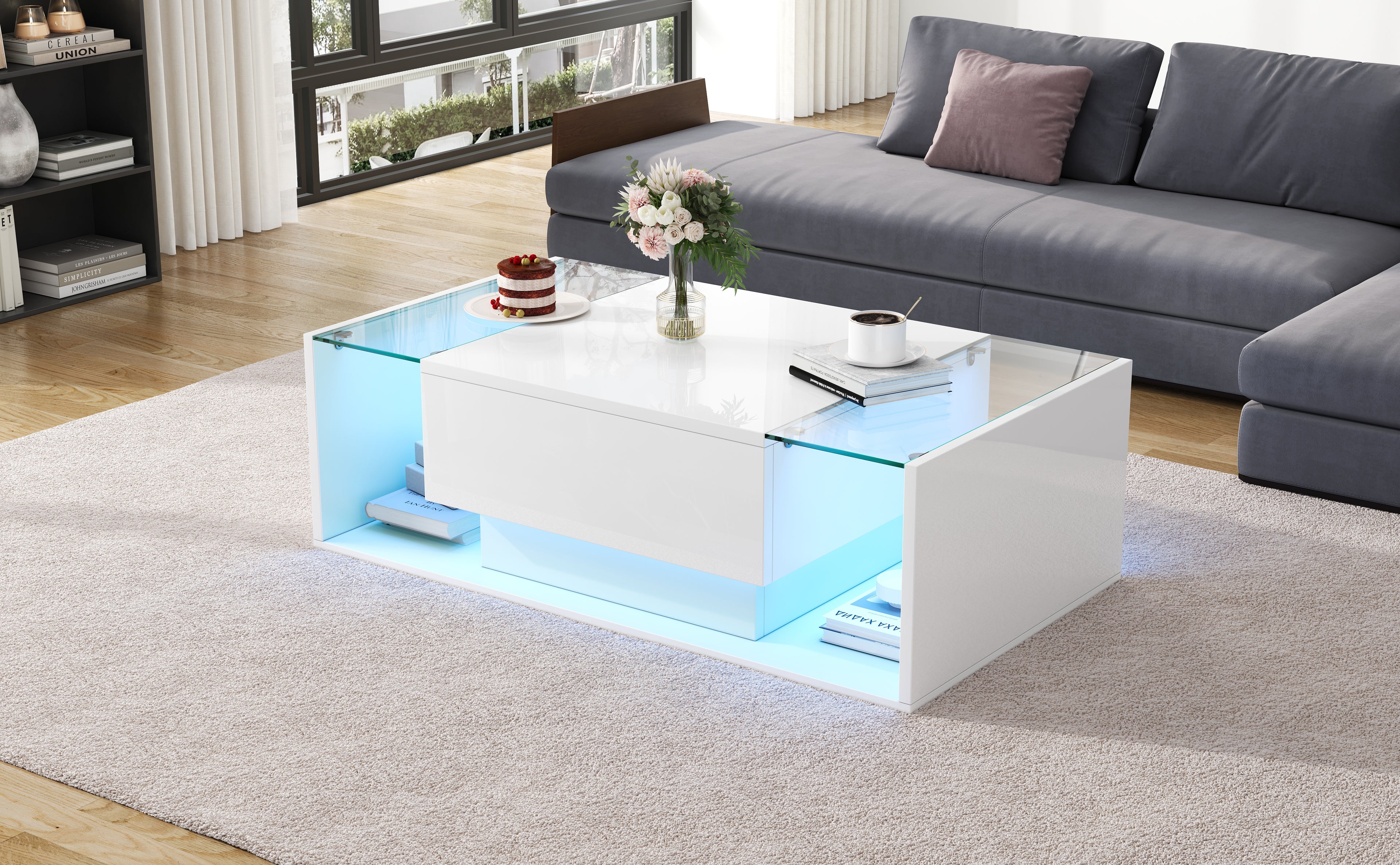 [variant:N892P423295W] High-Gloss LED Coffee Table with Drawer and Glass Top image 30