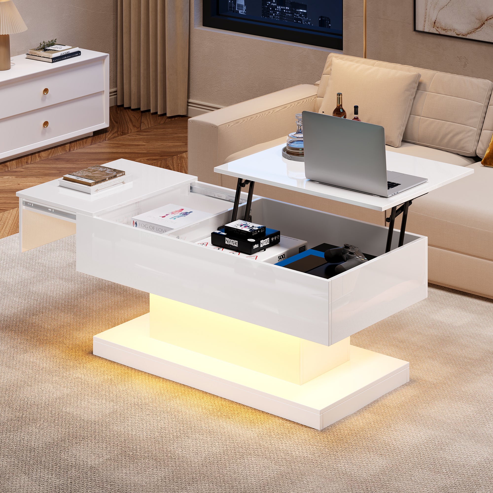 [variant:N892P407974W] High-Gloss Lift-Top Coffee Table with LED Lights image 1