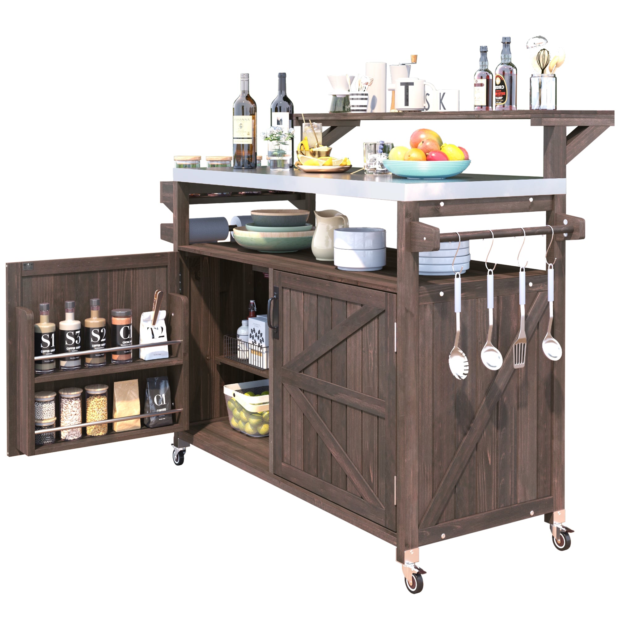 [variant:N853P386135Z] Outdoor Grill Cart with Raised Shelf – Dark Brown, 53.3-Inch image 9