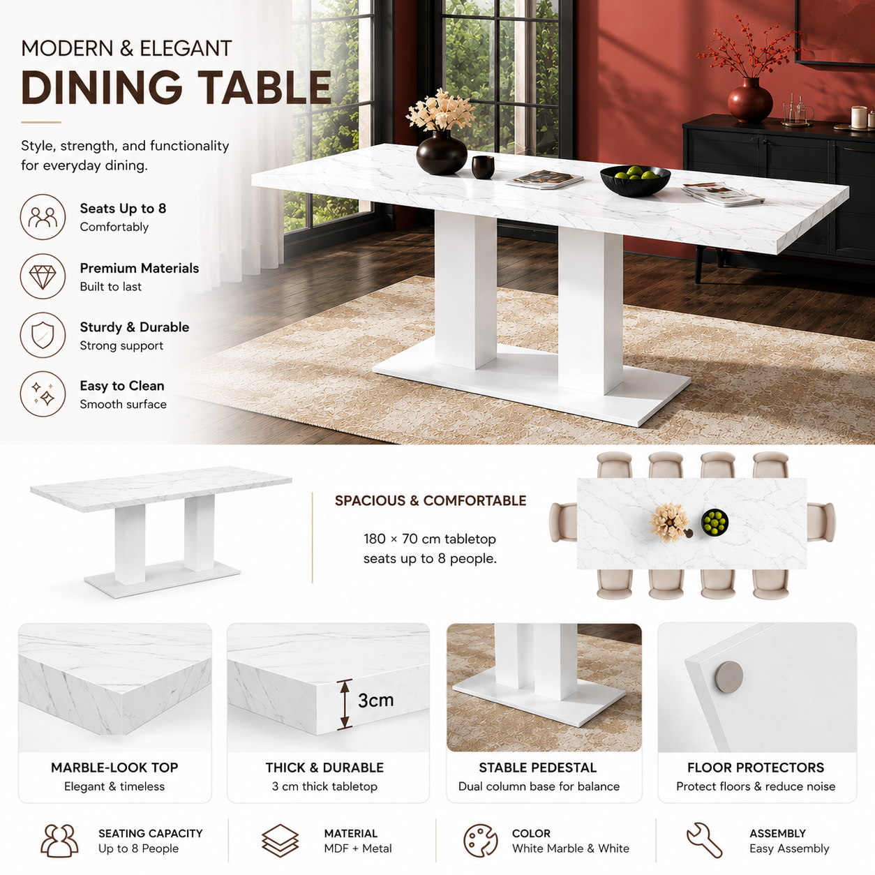 White Marble-Look Dining Table – 71-Inch — [variant:N859P472973W] White Marble image 7