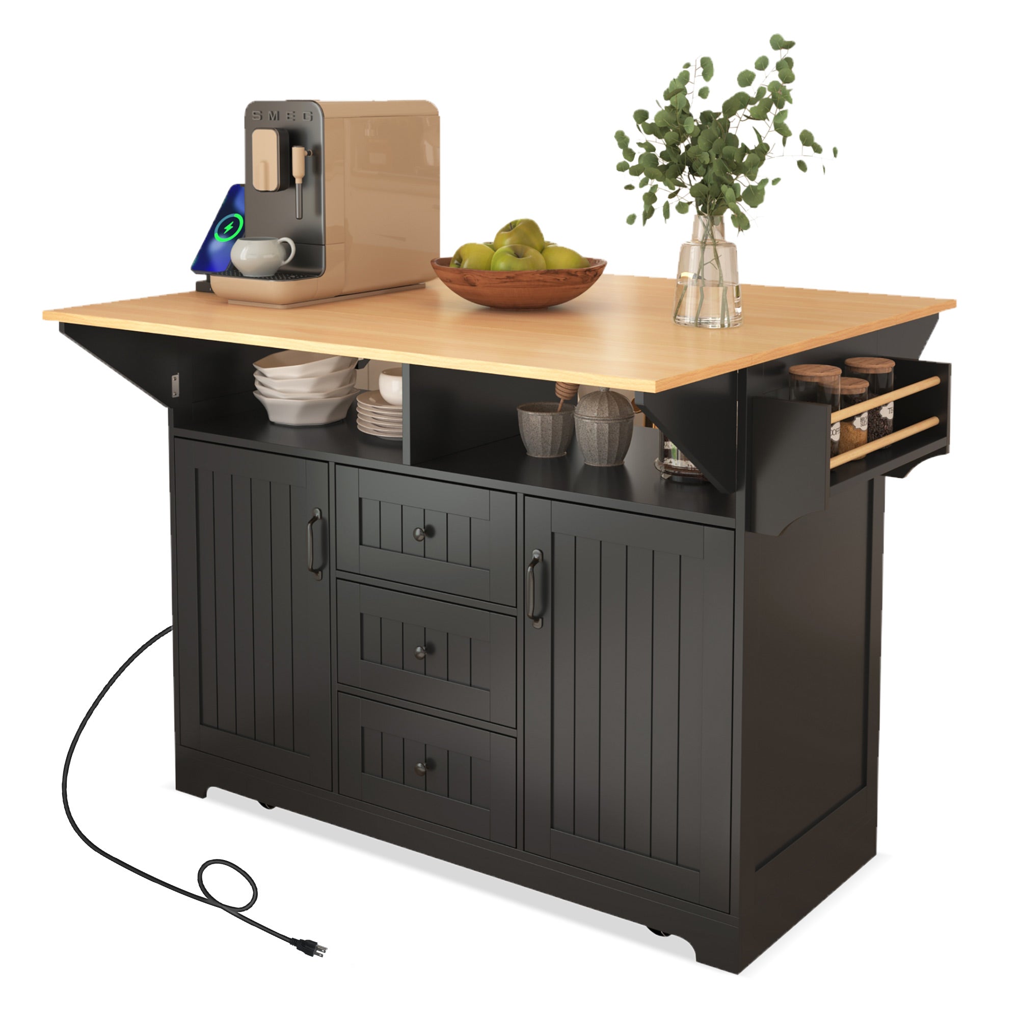 [variant:N853S000006B] Dual-Drop-Leaf Rolling Kitchen Island – Black, 55.75-Inch image 27