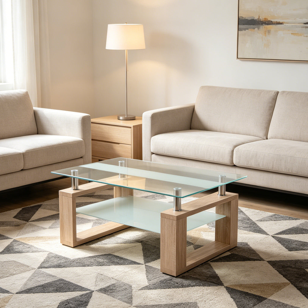 2-Tier Rectangular Tempered Glass Coffee Table — [variant:W3738P499156] Natural,Transparent image 4