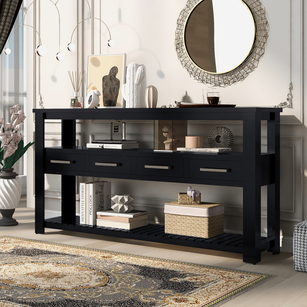 [variant:N889P367138B] Console Table with 4 Drawers & Open Shelves – 62-Inch – Black image 1