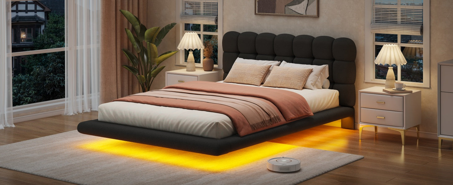 [variant:HS451577AAB] Queen LED Floating Bouclé Platform Bed – Black image 26