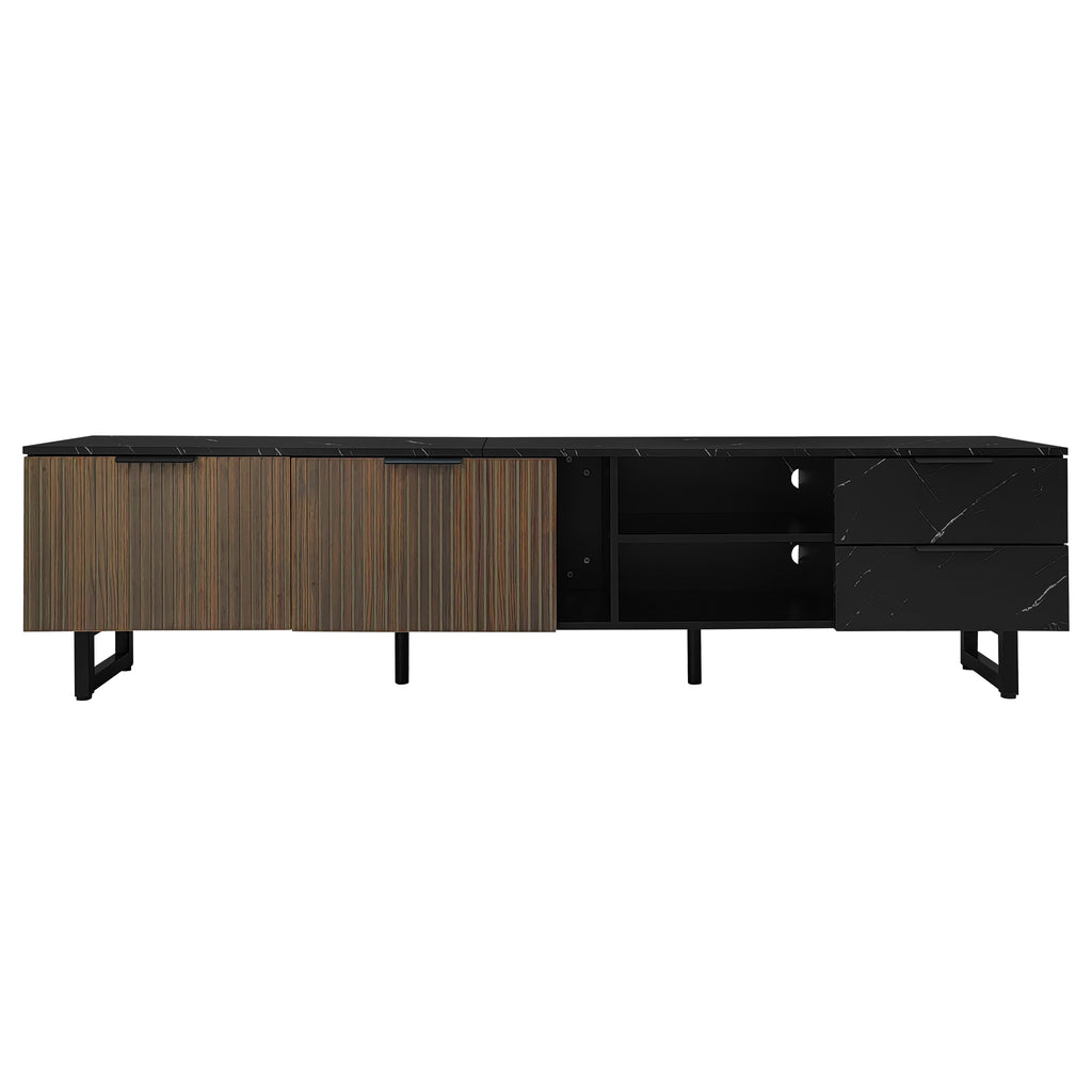 [variant:GA0010N] LED TV Stand with 2 Doors and 2 Drawers – Black Marble and Wood Grain image 3