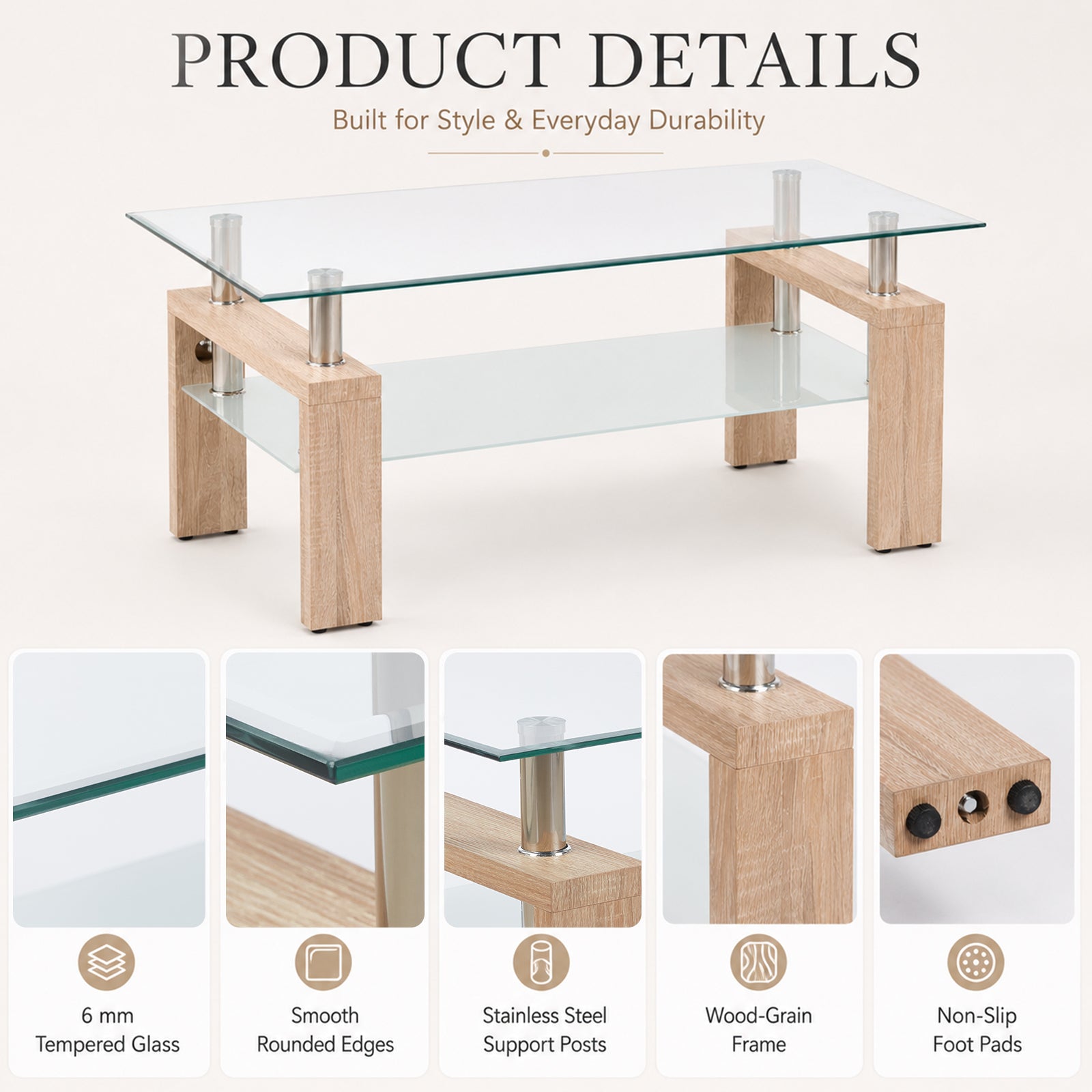 Modern Tempered Glass Coffee Table – Natural or Black — [variant:W3738P364267] Natural image 3