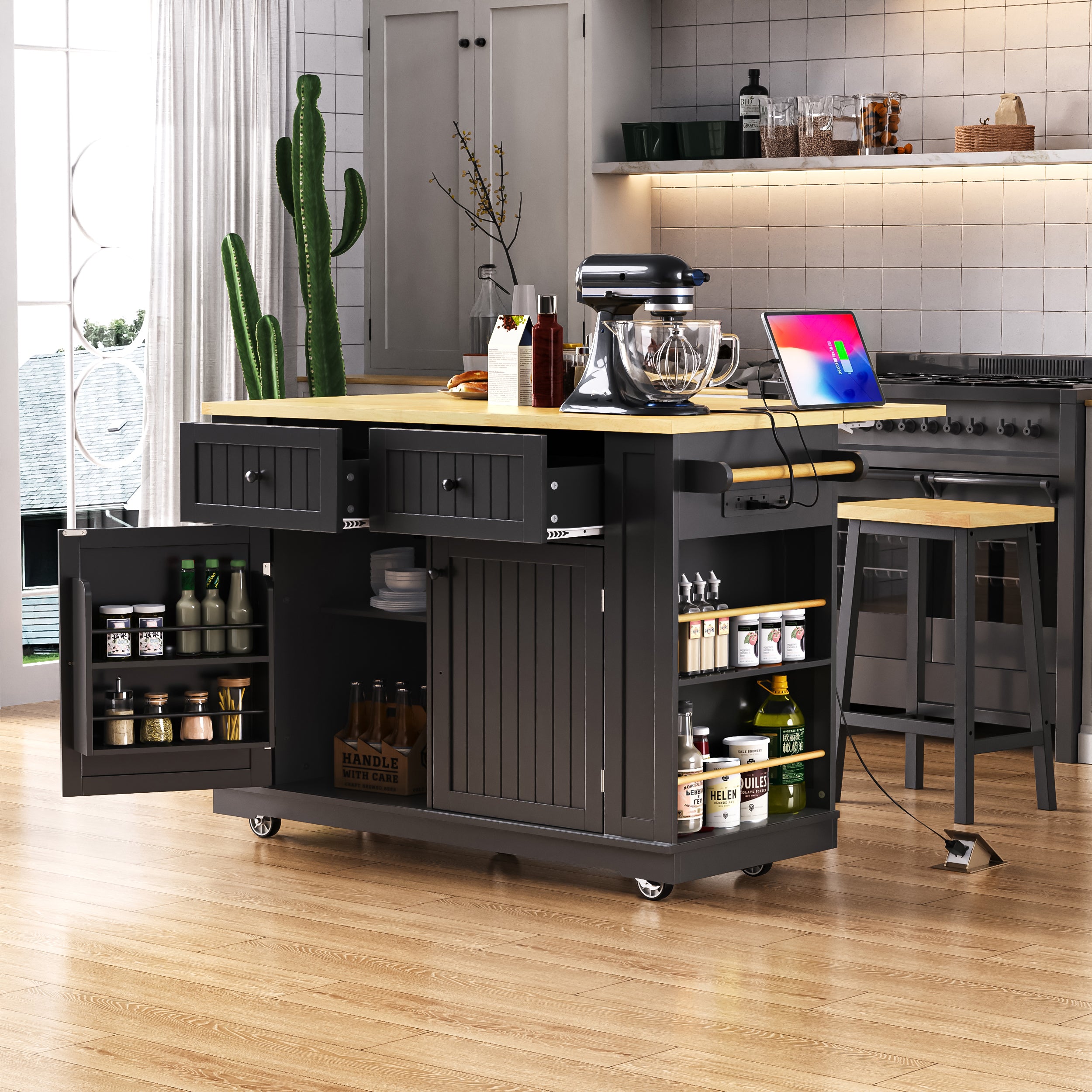 [variant:N853P388046B] 48-Inch Rolling Kitchen Island with Drop Leaf and Power Outlet – Black image 1