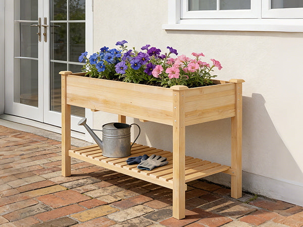 [variant:W3686P439295] Two-Tier Wooden Raised Garden Bed with Shelves image 15