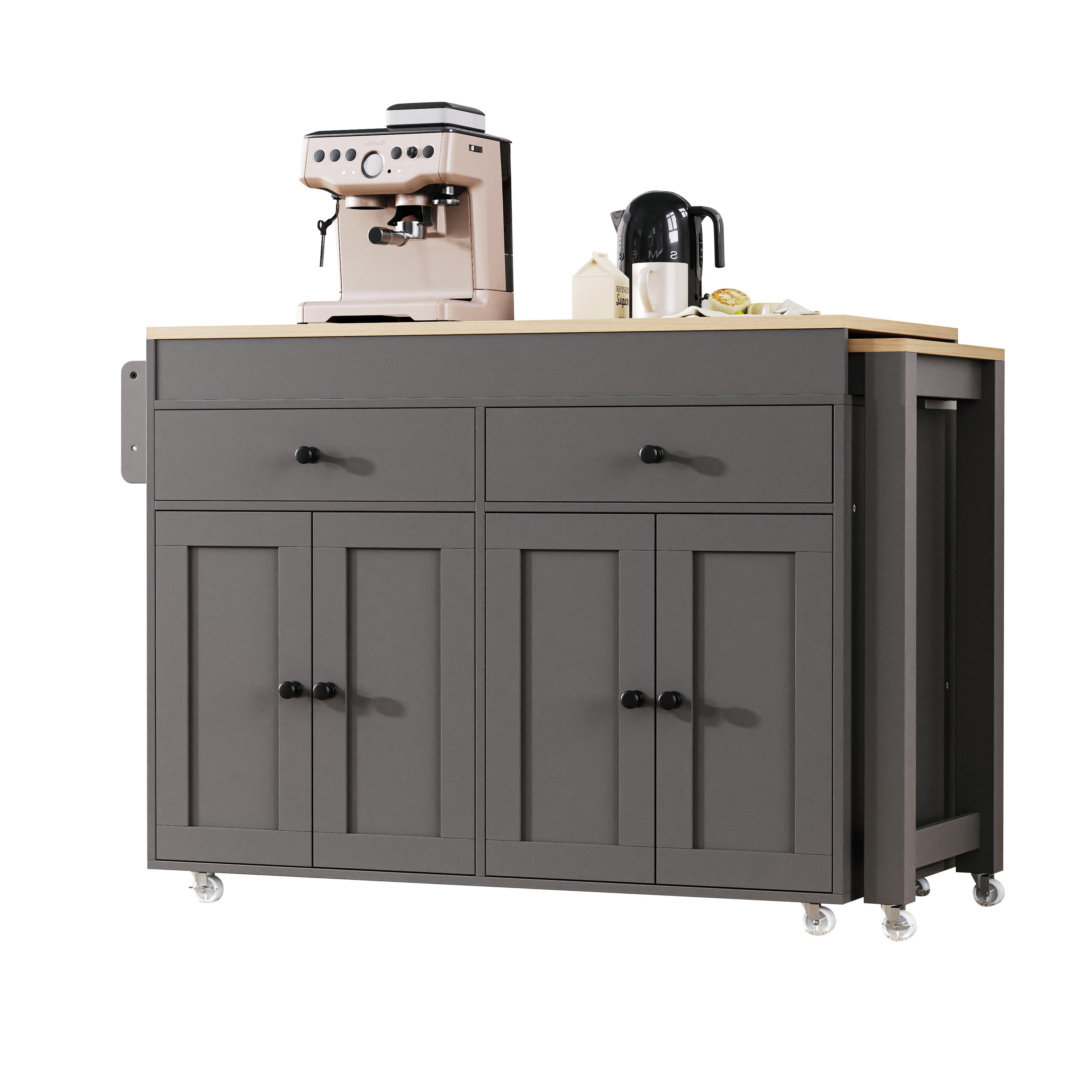 [variant:N853P386264G] Extendable Rolling Kitchen Island with Dining Table – Gray, 74.5-Inch image 29