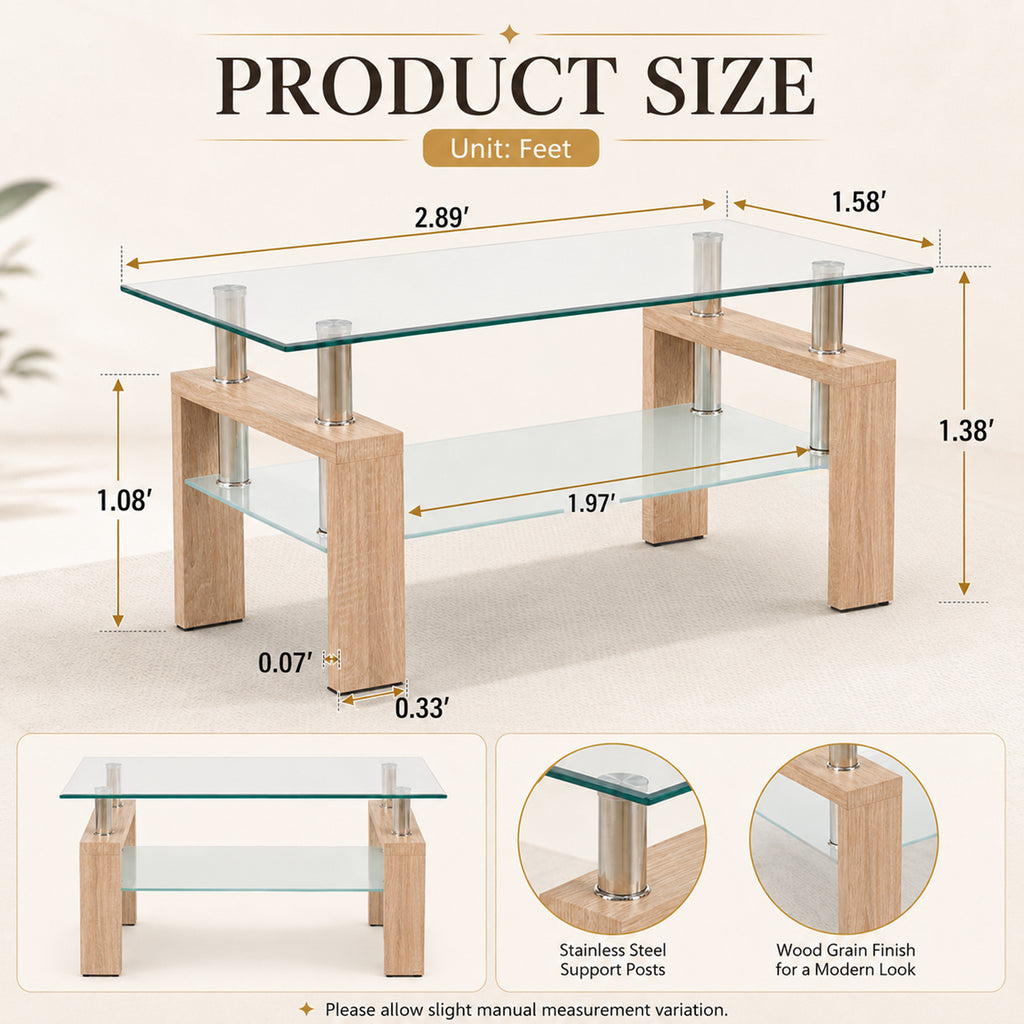 Modern Tempered Glass Coffee Table – Natural or Black — [variant:W3738P364267] Natural image 5