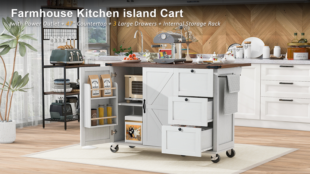 [variant:N853P379579W] Farmhouse Rolling Kitchen Island with Drop Leaf – White, 54.5-Inch image 52