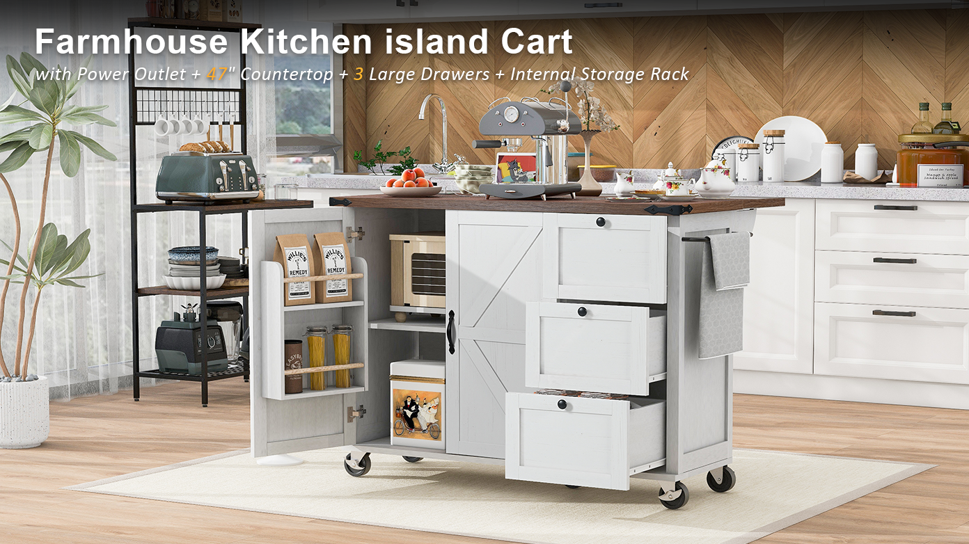 [variant:N853P379579W] Farmhouse Rolling Kitchen Island with Drop Leaf – White, 54.5-Inch image 52