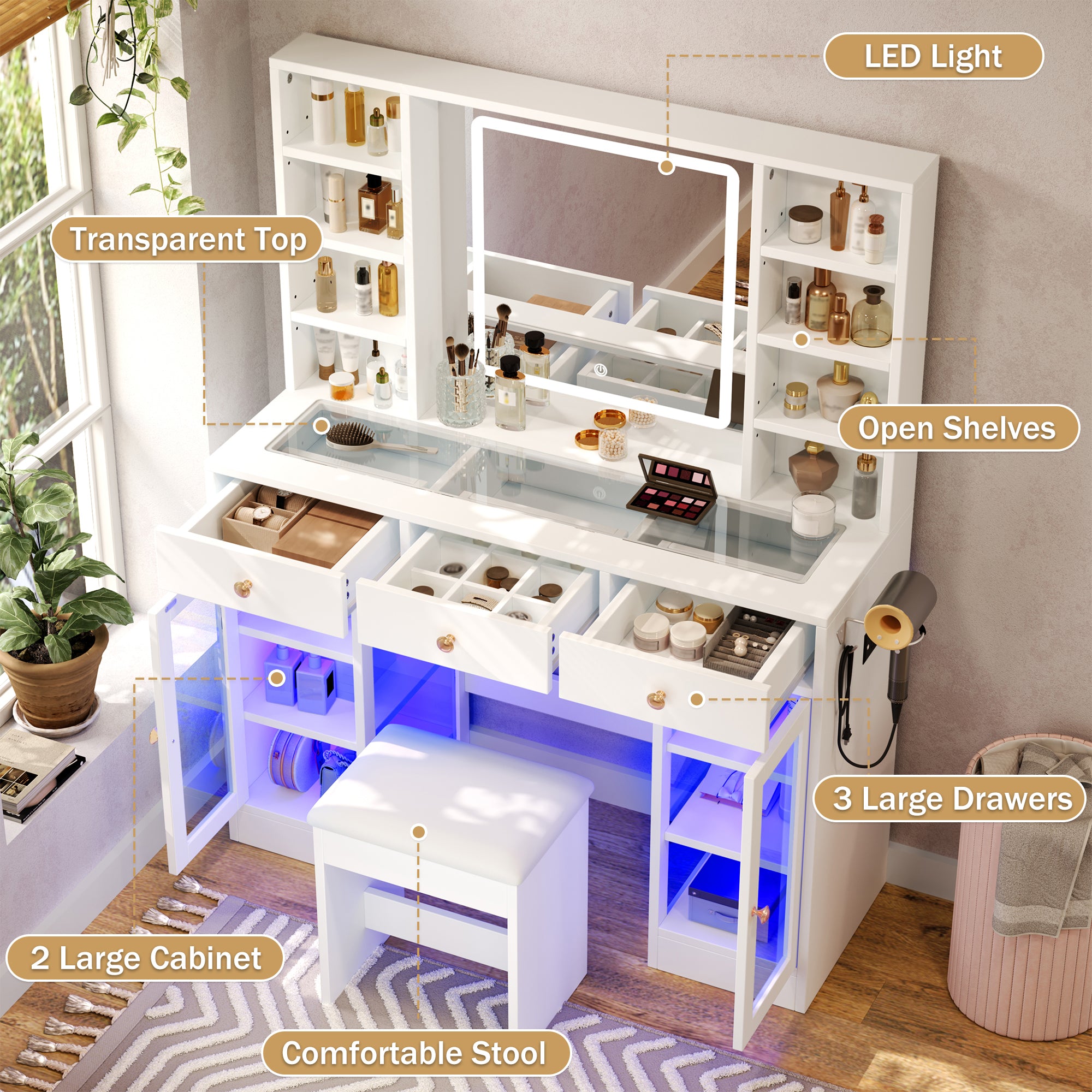 [variant:N881S436339W] Makeup Vanity with RGB Mirror and Power Outlet – 43-Inch image 3